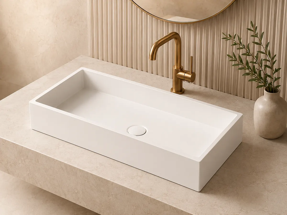 Solid surface wash basin with warm bathroom styling