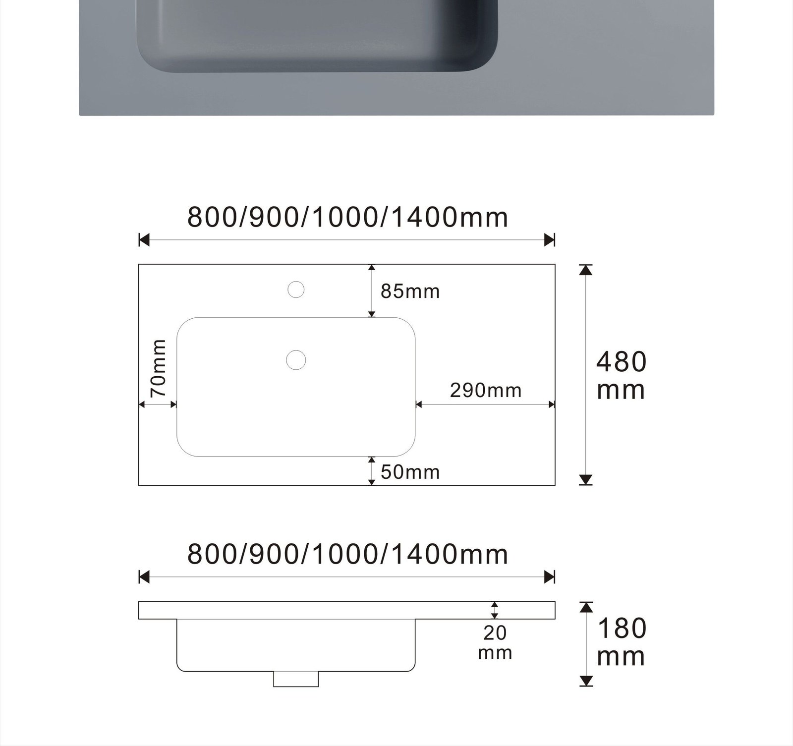1901 Grey Rectangular Solid Surface Undermount Basin technical drawing and dimensions