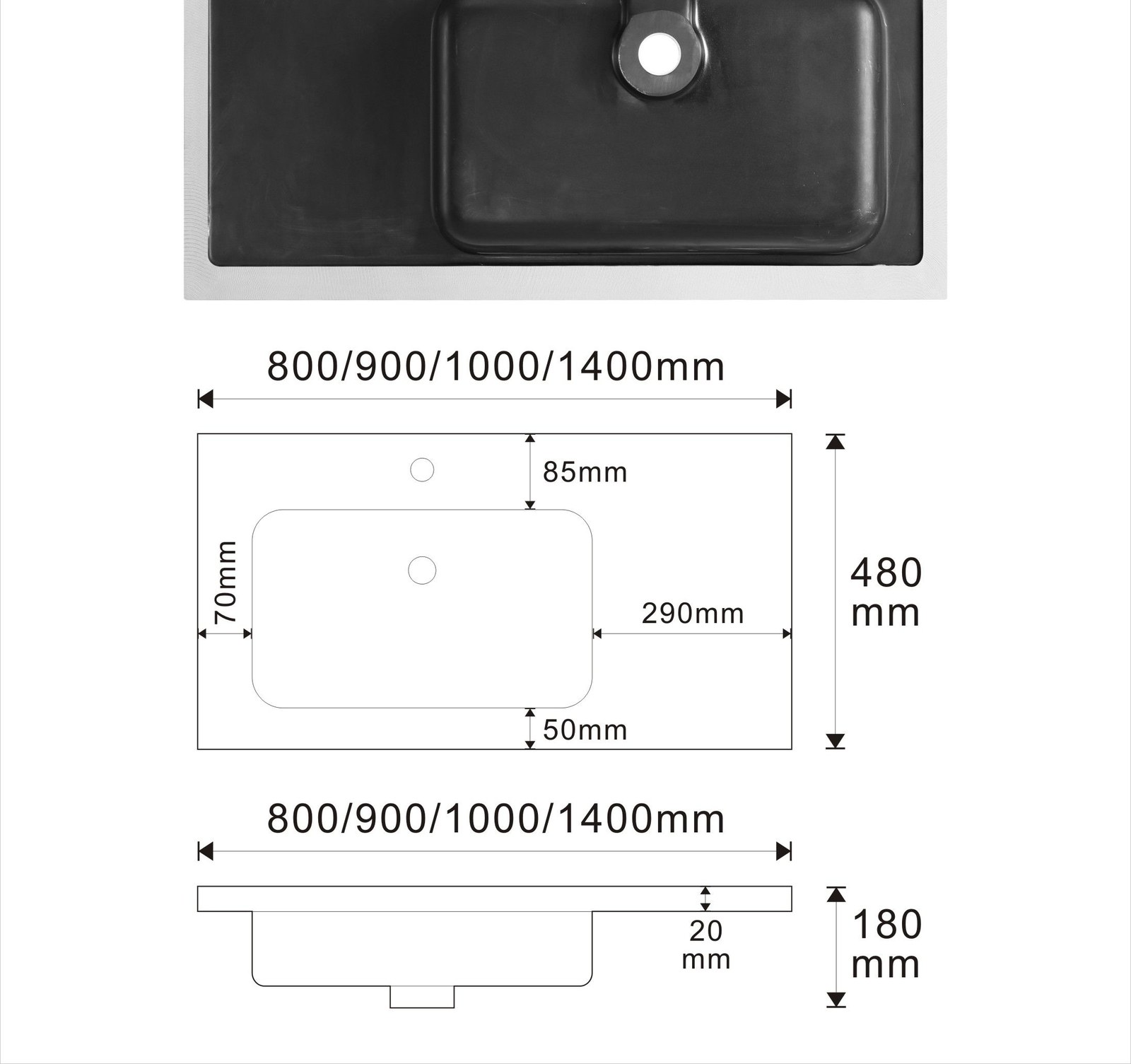 1901 Black Rectangular Solid Surface Undermount Basin technical drawing and dimensions