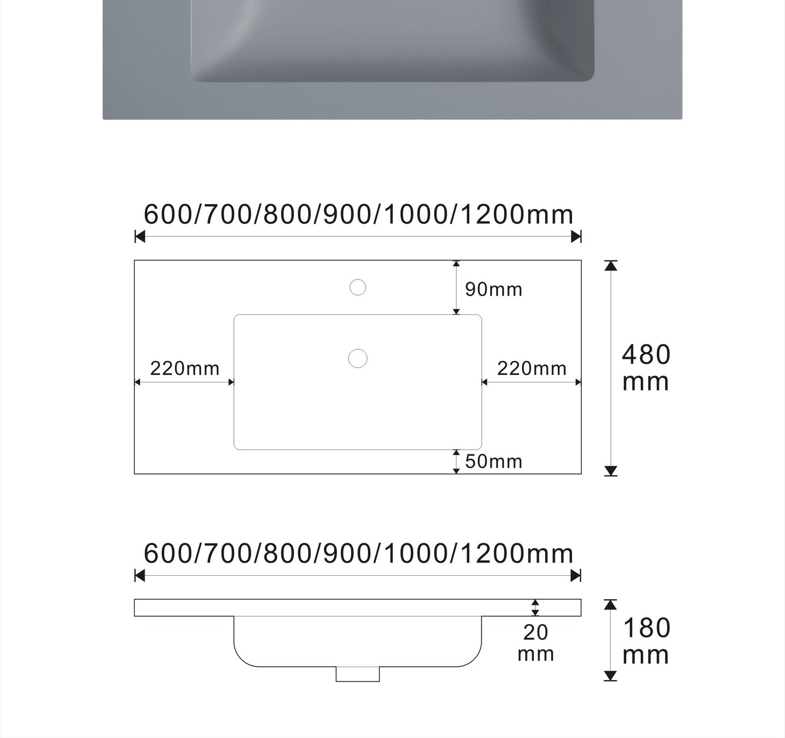1902 Grey Compact Rectangular Solid Surface Undermount Basin technical drawing and dimensions