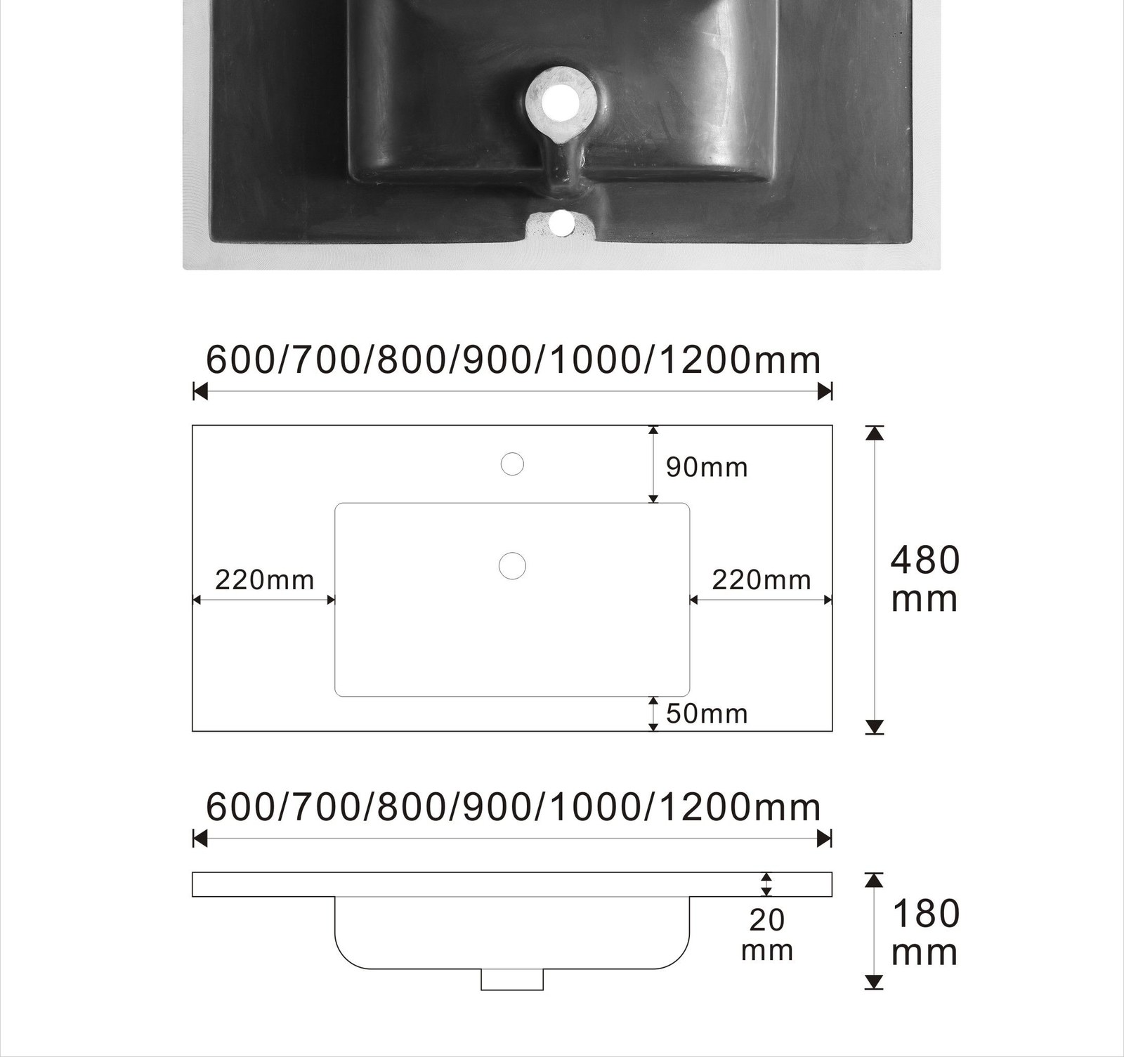 1902 Black Compact Rectangular Solid Surface Undermount Basin technical drawing and dimensions