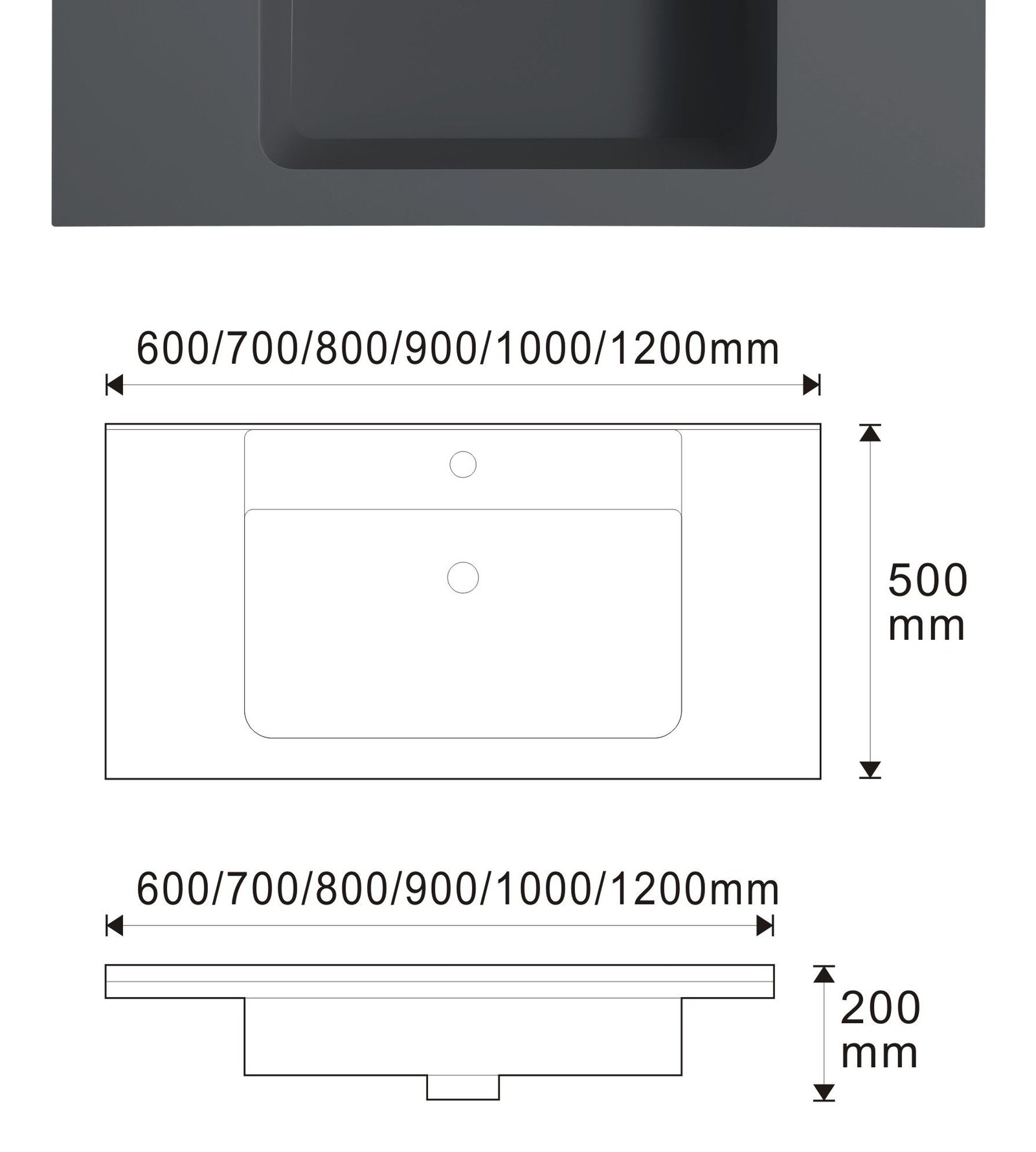 1903 Black Long Rectangular Solid Surface Undermount Basin technical drawing and dimensions