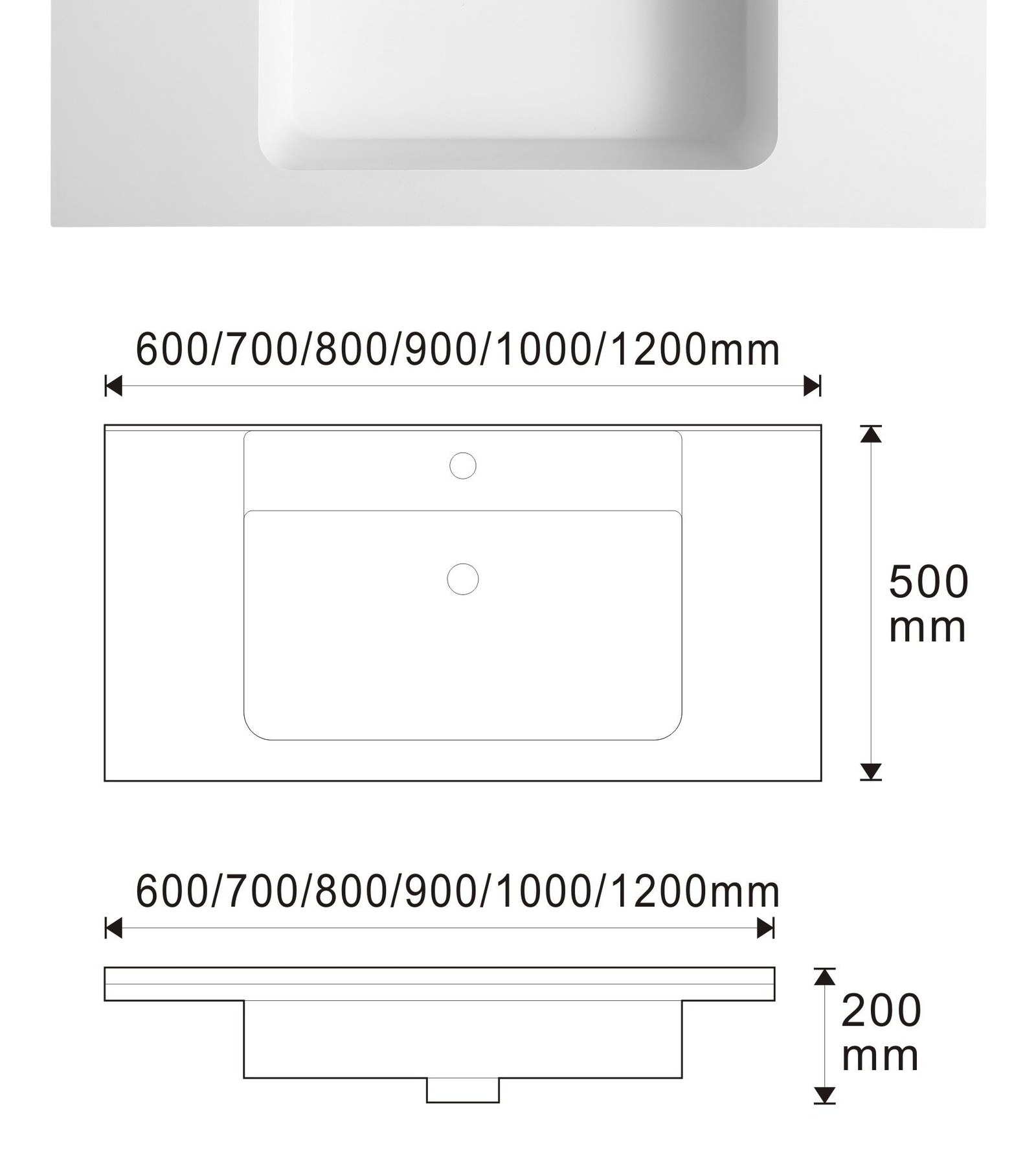 1903 White Long Rectangular Solid Surface Undermount Basin technical drawing and dimensions