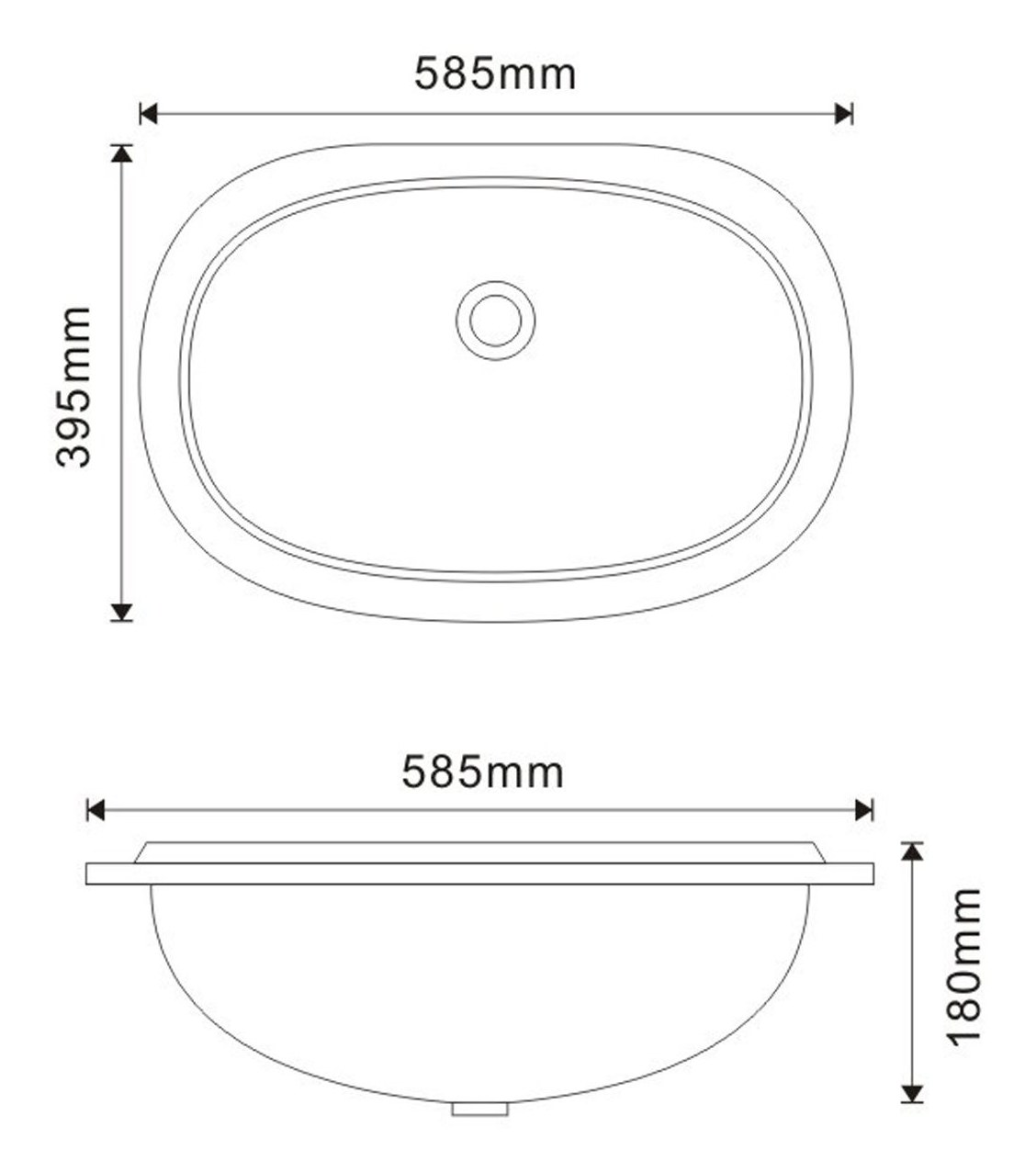 1906 Grey Long Rectangular Solid Surface Custom Basin technical drawing and dimensions