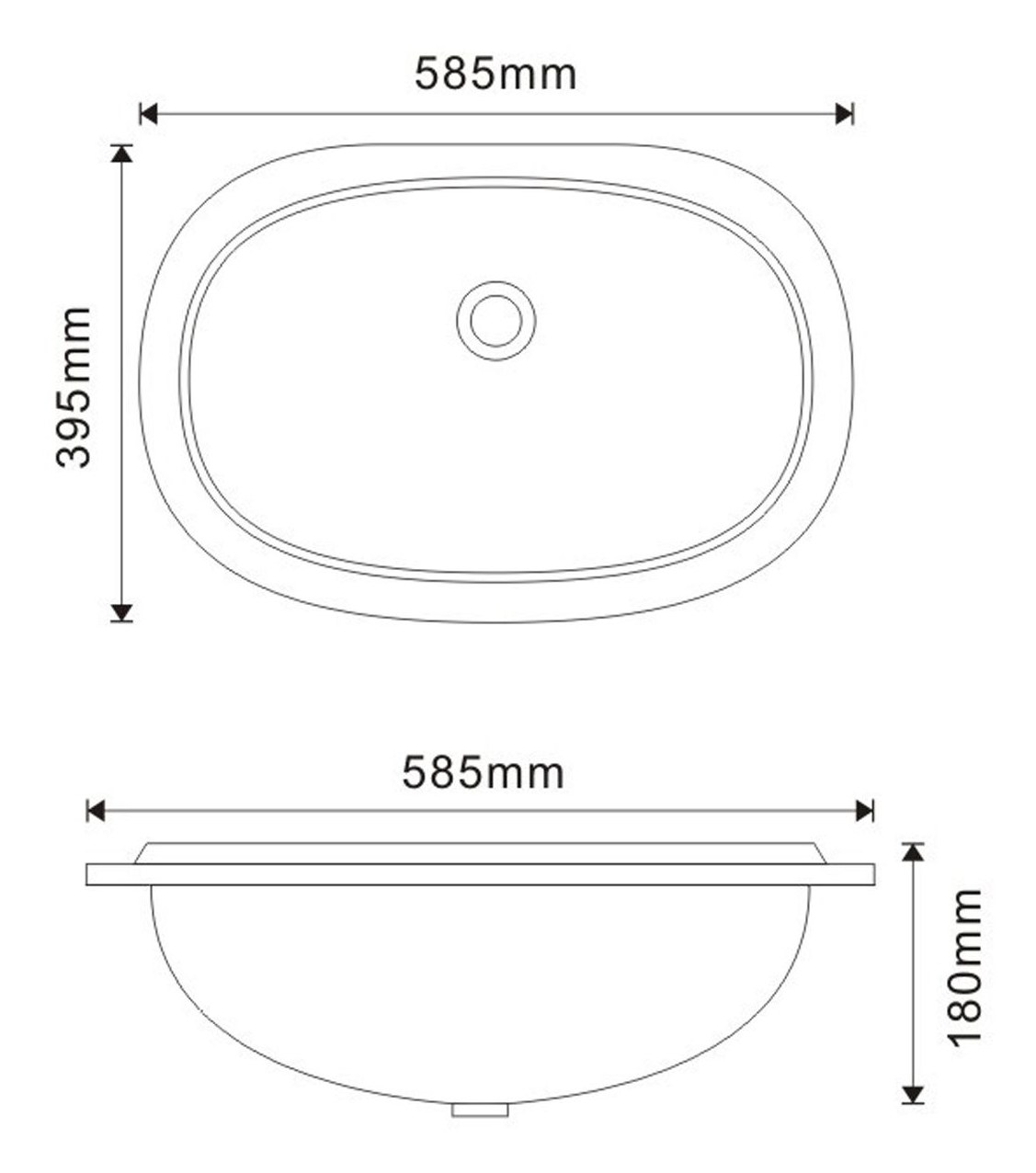 1906 White Rectangular Solid Surface Custom Basin technical drawing and dimensions