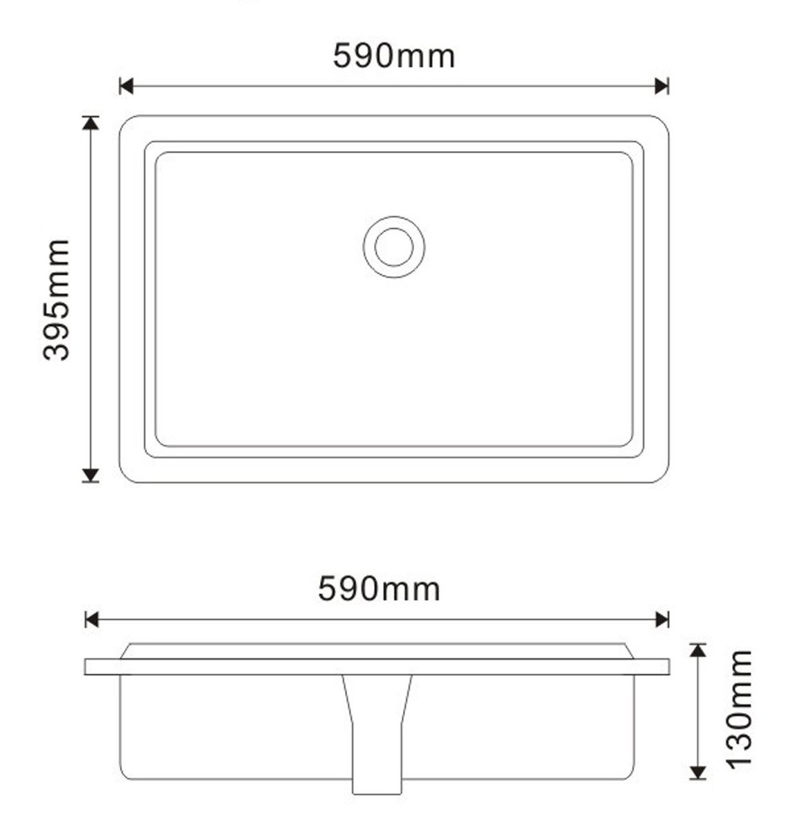 1907 Black Long Rectangular Solid Surface Custom Basin technical drawing and dimensions