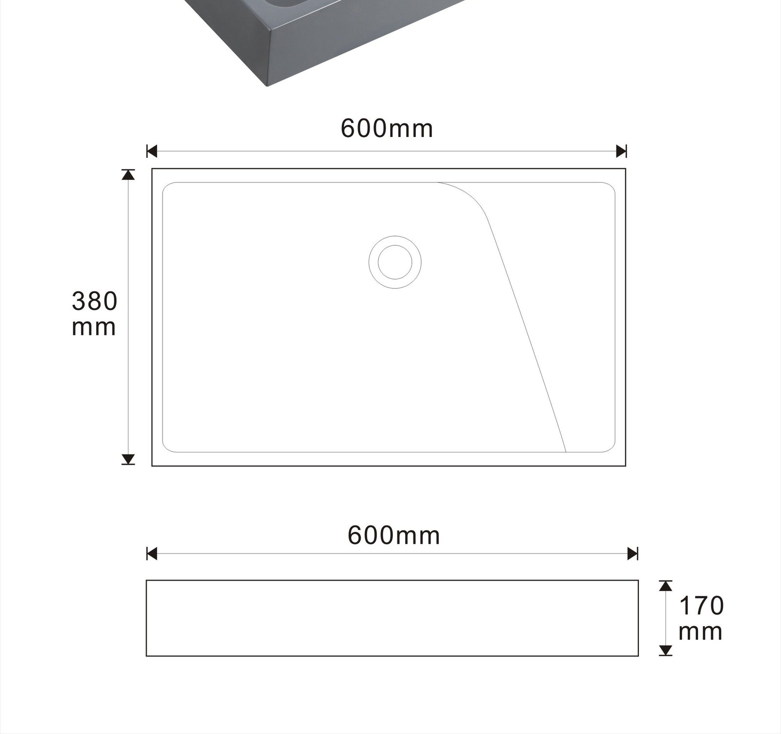 1909 Grey Asymmetric Solid Surface Vanity Basin with Left Bowl technical drawing and dimensions