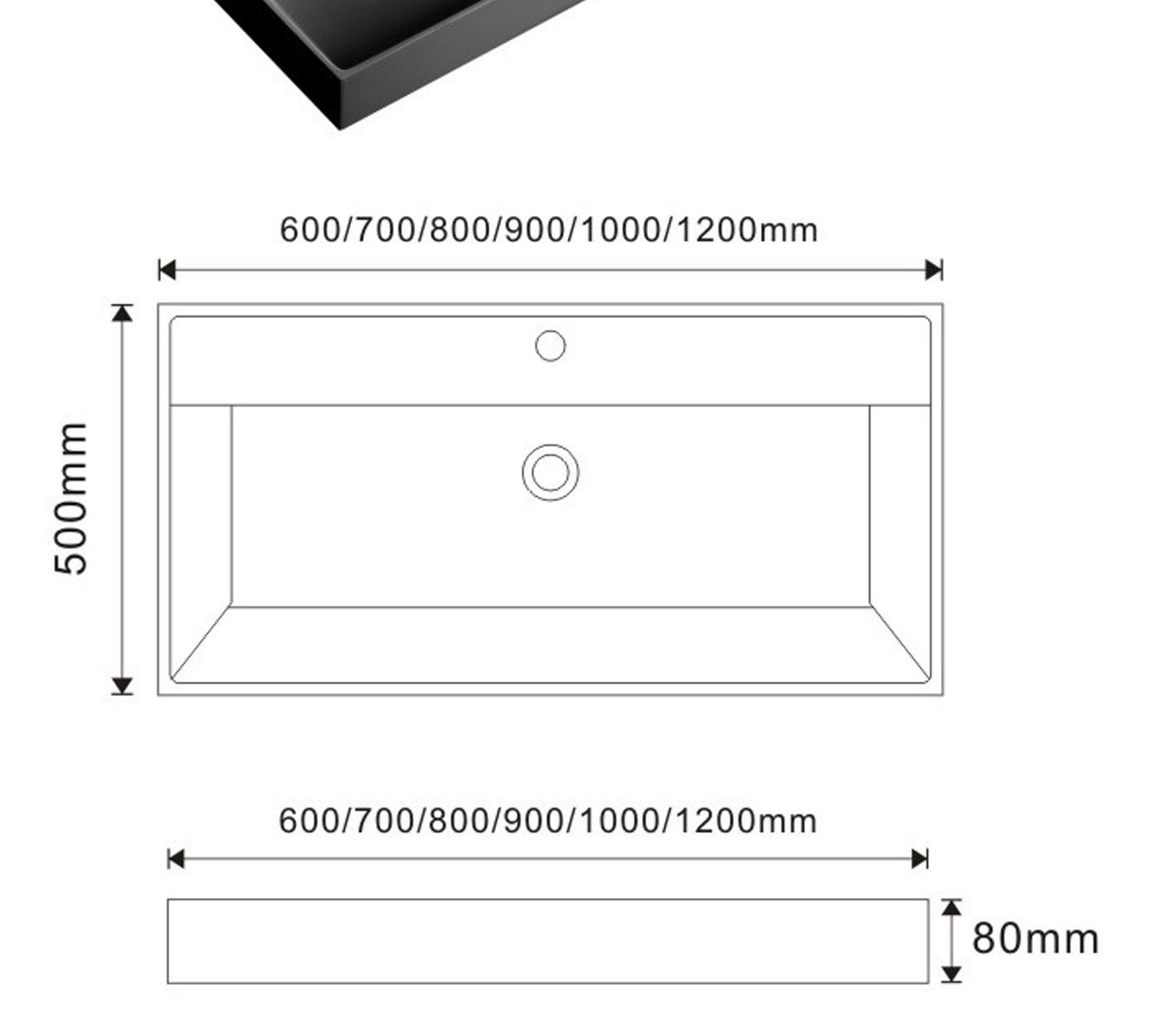 2006 Black Rectangular Solid Surface Integrated Vanity Basin technical drawing and dimensions
