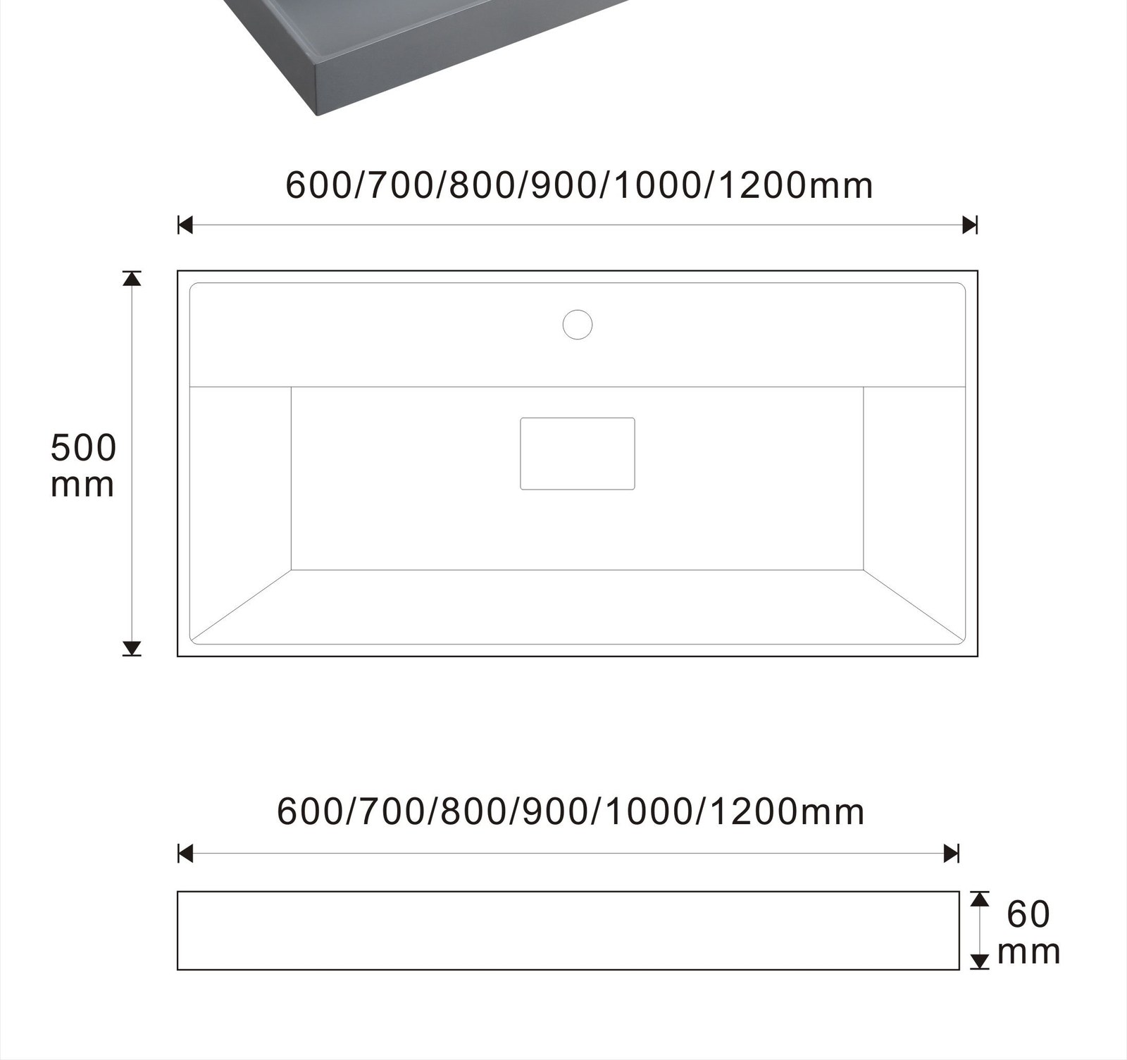 2006 Grey Rectangular Solid Surface Integrated Vanity Basin technical drawing and dimensions
