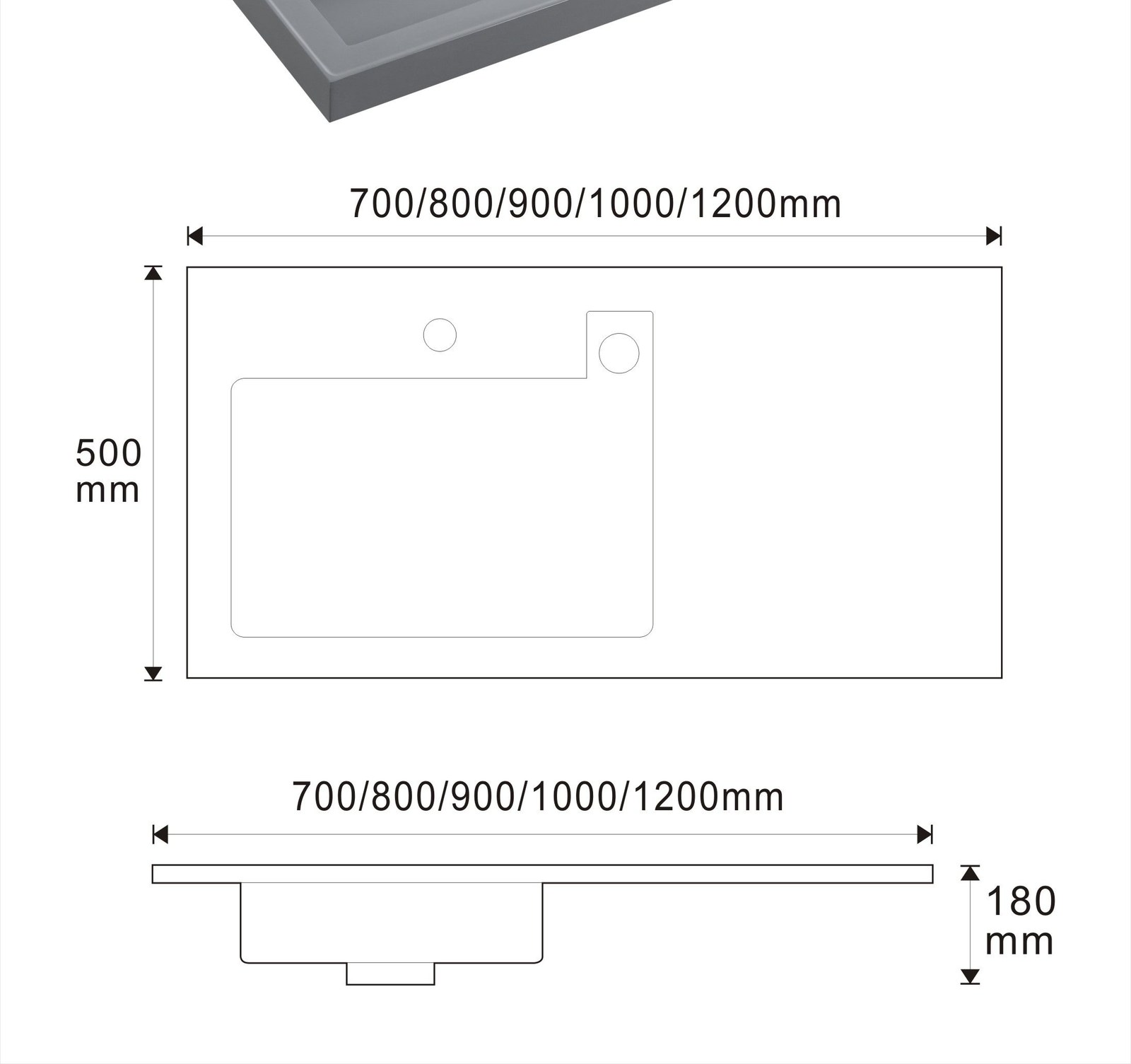 2007 Grey Asymmetric Solid Surface Basin with Drainboard technical drawing and dimensions