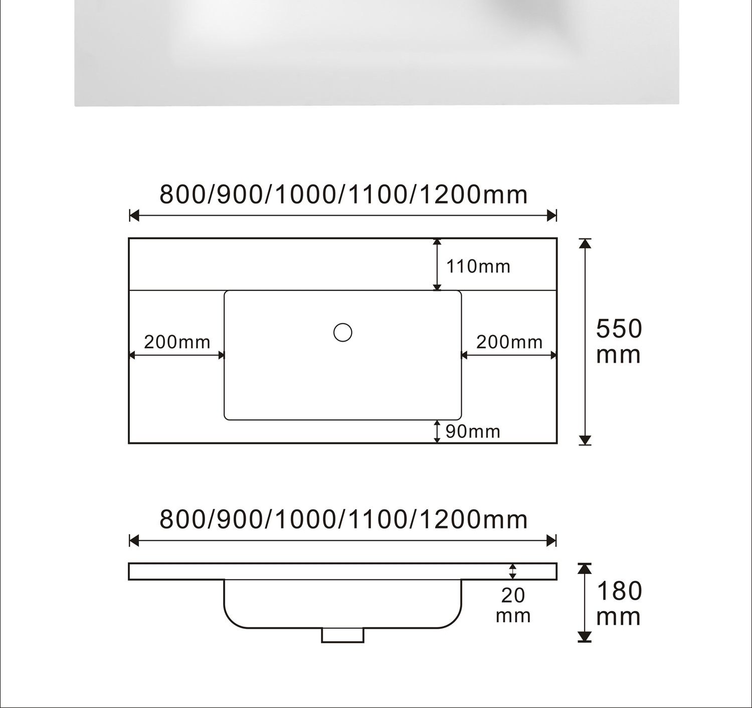 2201 White Rectangular Solid Surface Integrated Vanity Basin technical drawing and dimensions