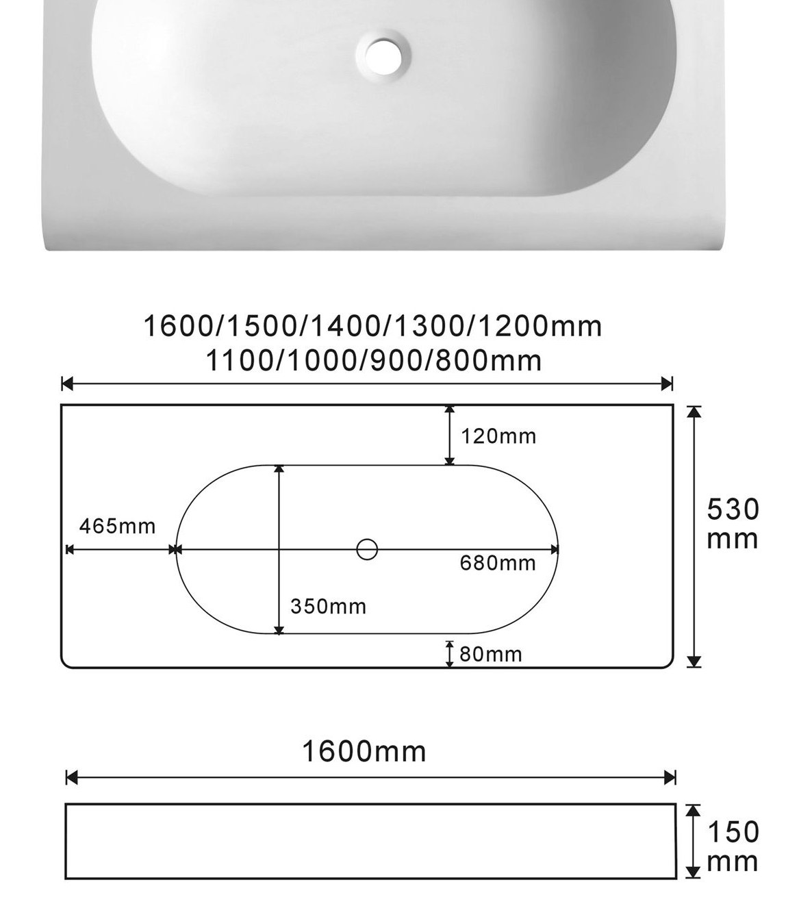2302 White Oval Solid Surface Integrated Vanity Basin technical drawing and dimensions