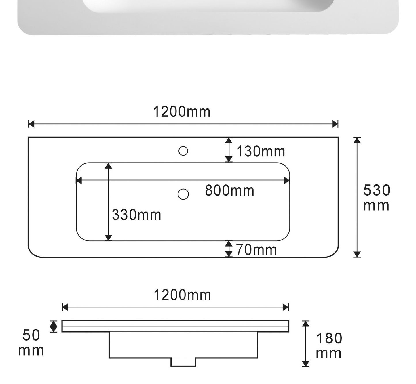 2305 White Rectangular Solid Surface Integrated Vanity Basin technical drawing and dimensions