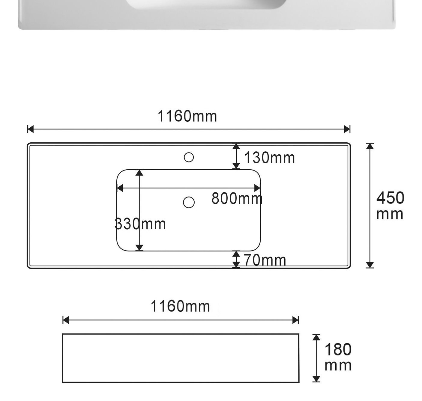 2306 White Rectangular Solid Surface Integrated Vanity Basin technical drawing and dimensions