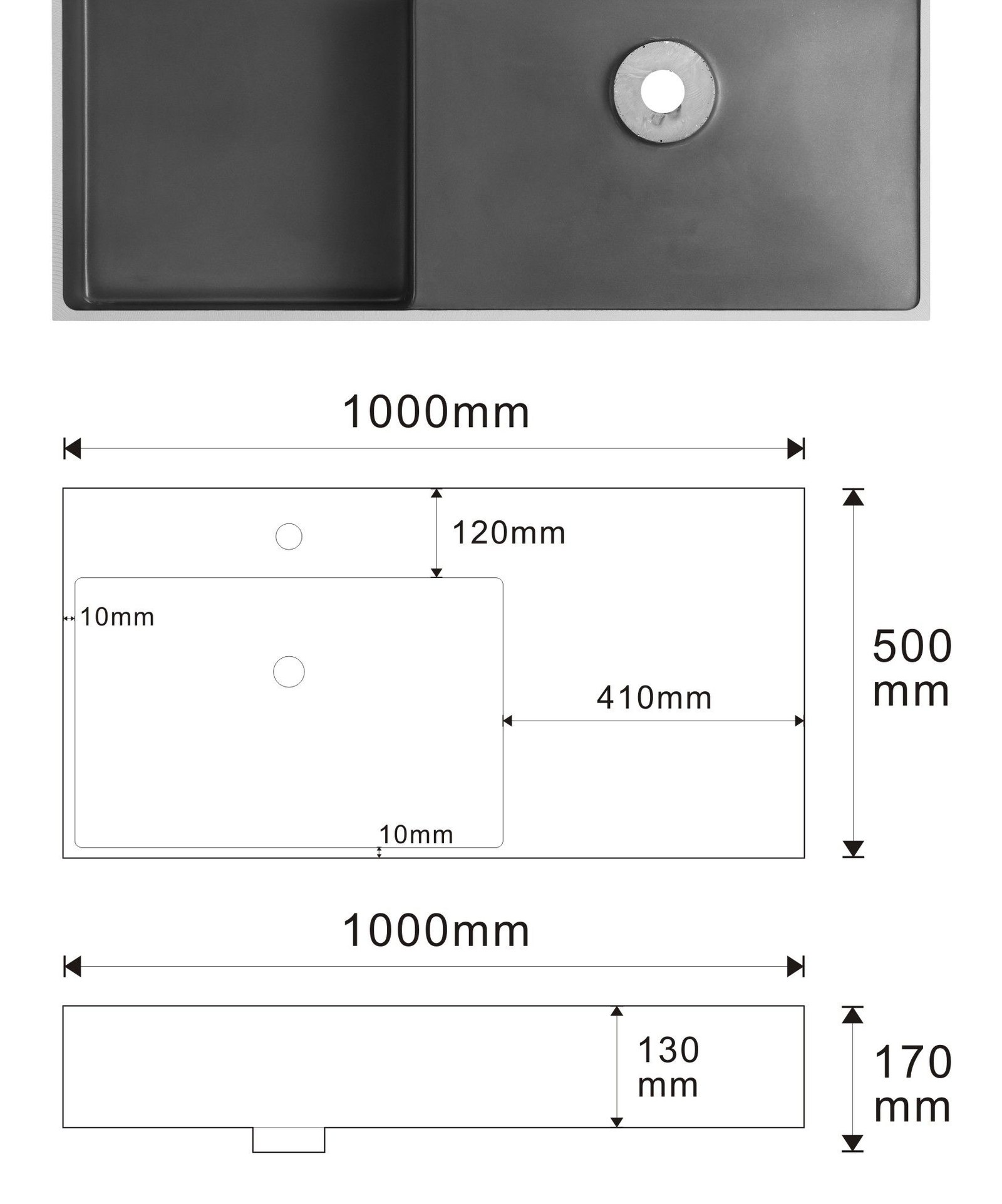 2801 Grey Rectangular Solid Surface Custom Basin technical drawing and dimensions
