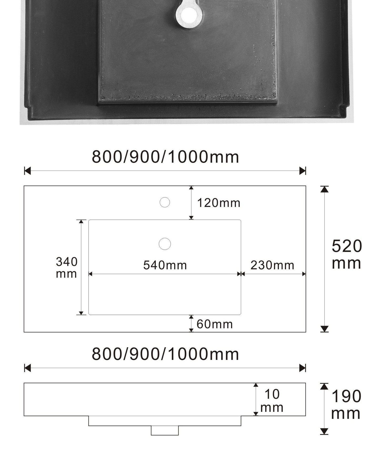 2805 Black Rectangular Solid Surface Integrated Vanity Basin technical drawing and dimensions