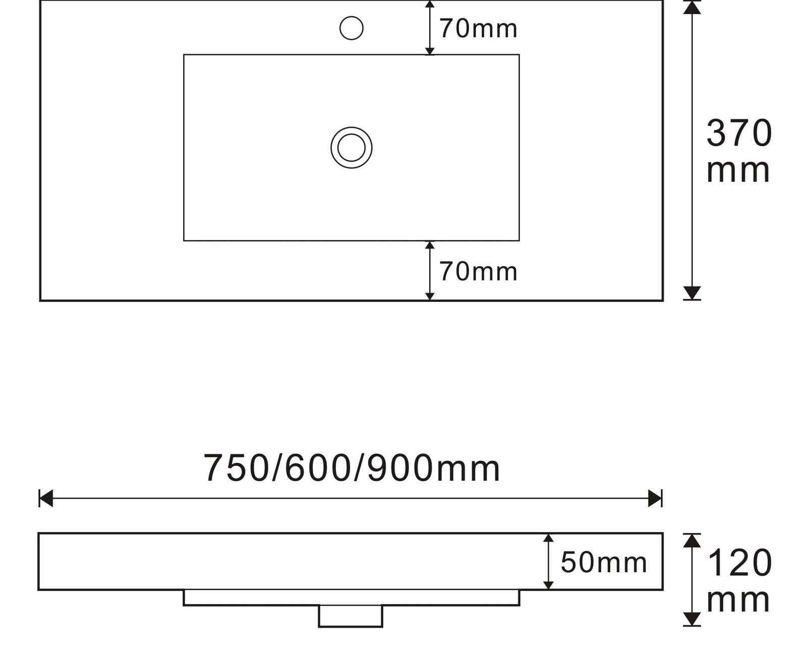 3001 / 3006 / 3002 White Rectangular Solid Surface Integrated Vanity Basin technical drawing and dimensions