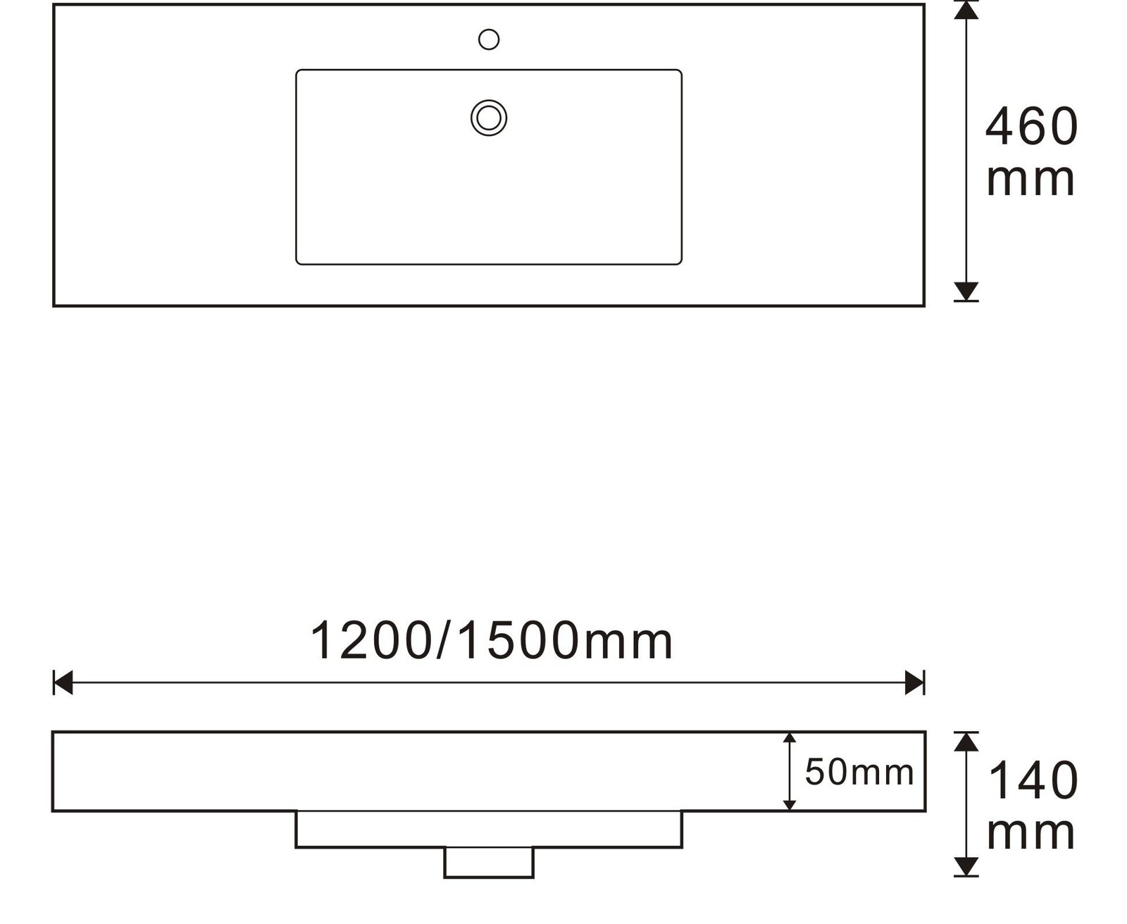 3003 White Rectangular Solid Surface Integrated Vanity Basin technical drawing and dimensions