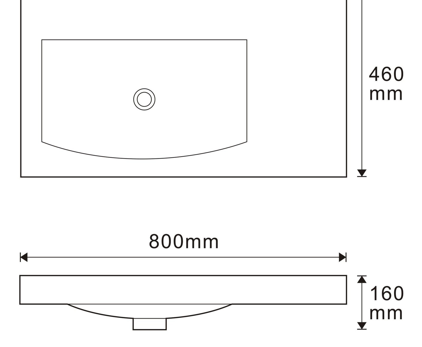 3005 White Rectangular Solid Surface Integrated Vanity Basin technical drawing and dimensions