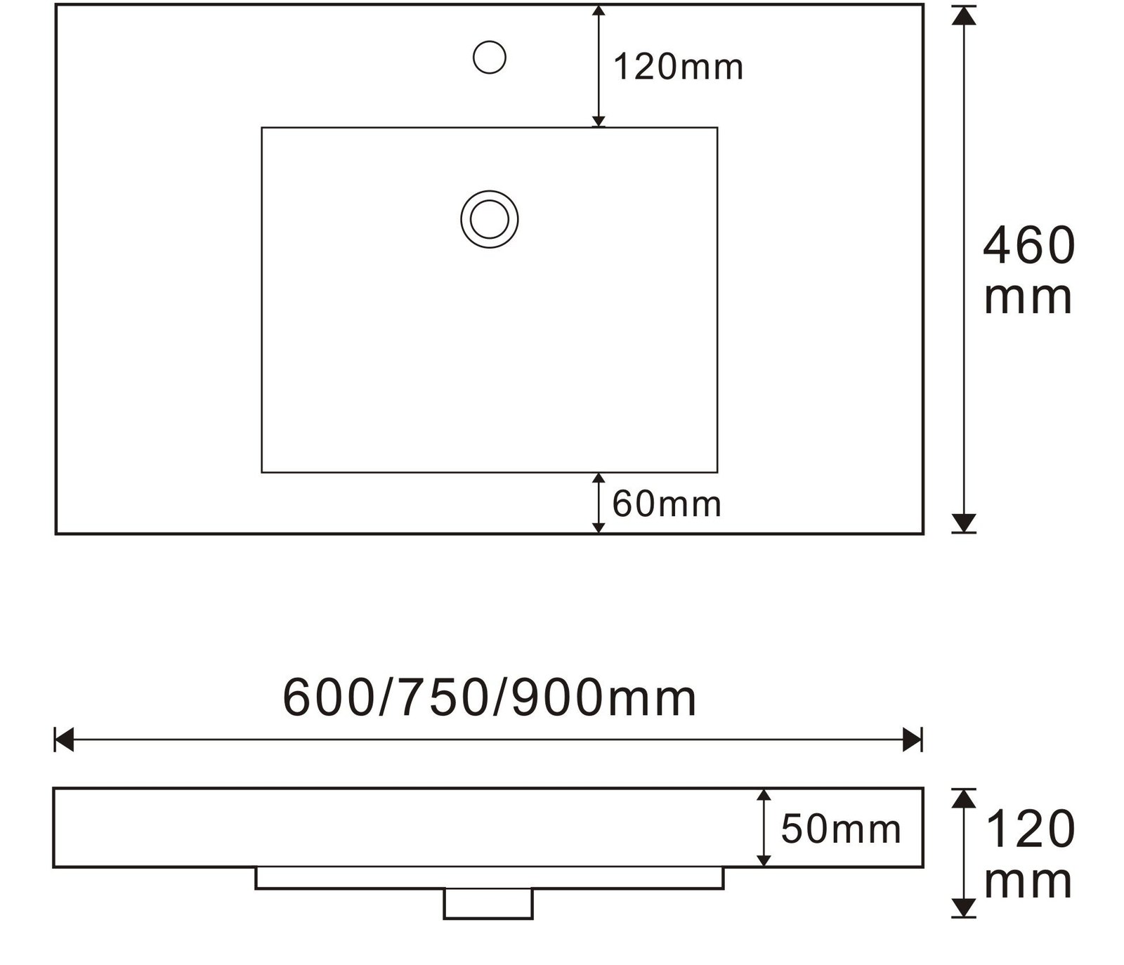 3008 / 3007 / 3003 White Rectangular Solid Surface Integrated Vanity Basin technical drawing and dimensions