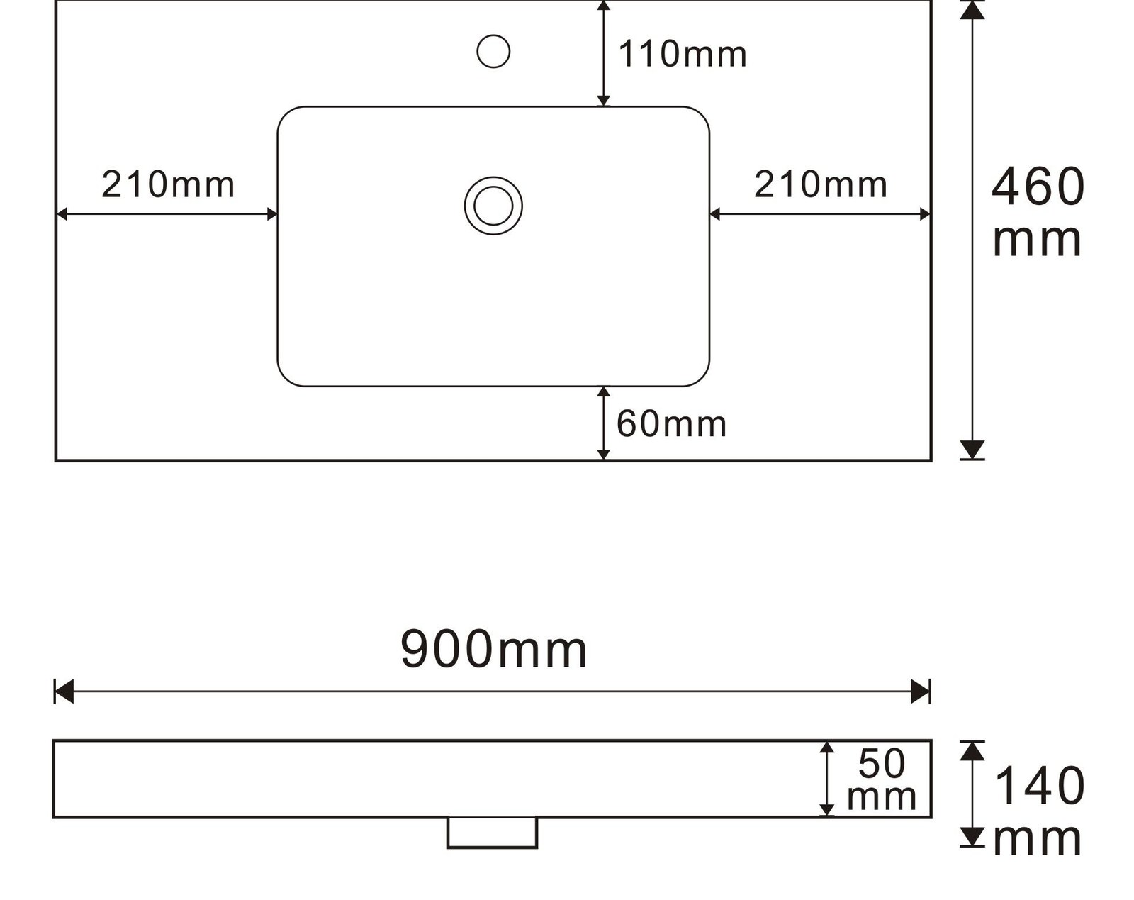 3010 White Rectangular Solid Surface Integrated Vanity Basin technical drawing and dimensions