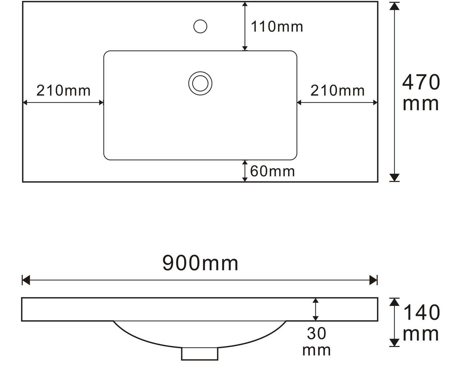 3011 White Rectangular Solid Surface Integrated Vanity Basin technical drawing and dimensions