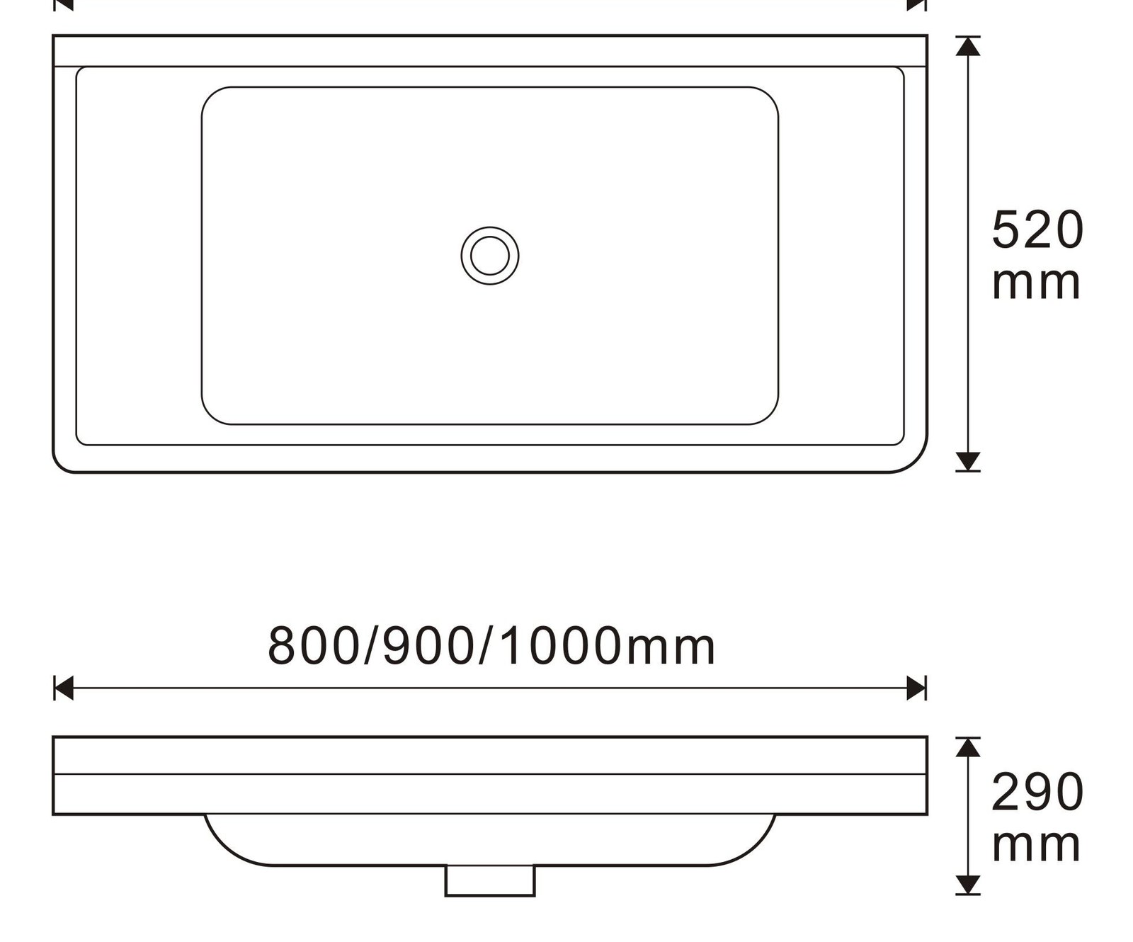 3128 White Rectangular Solid Surface Custom Basin technical drawing and dimensions