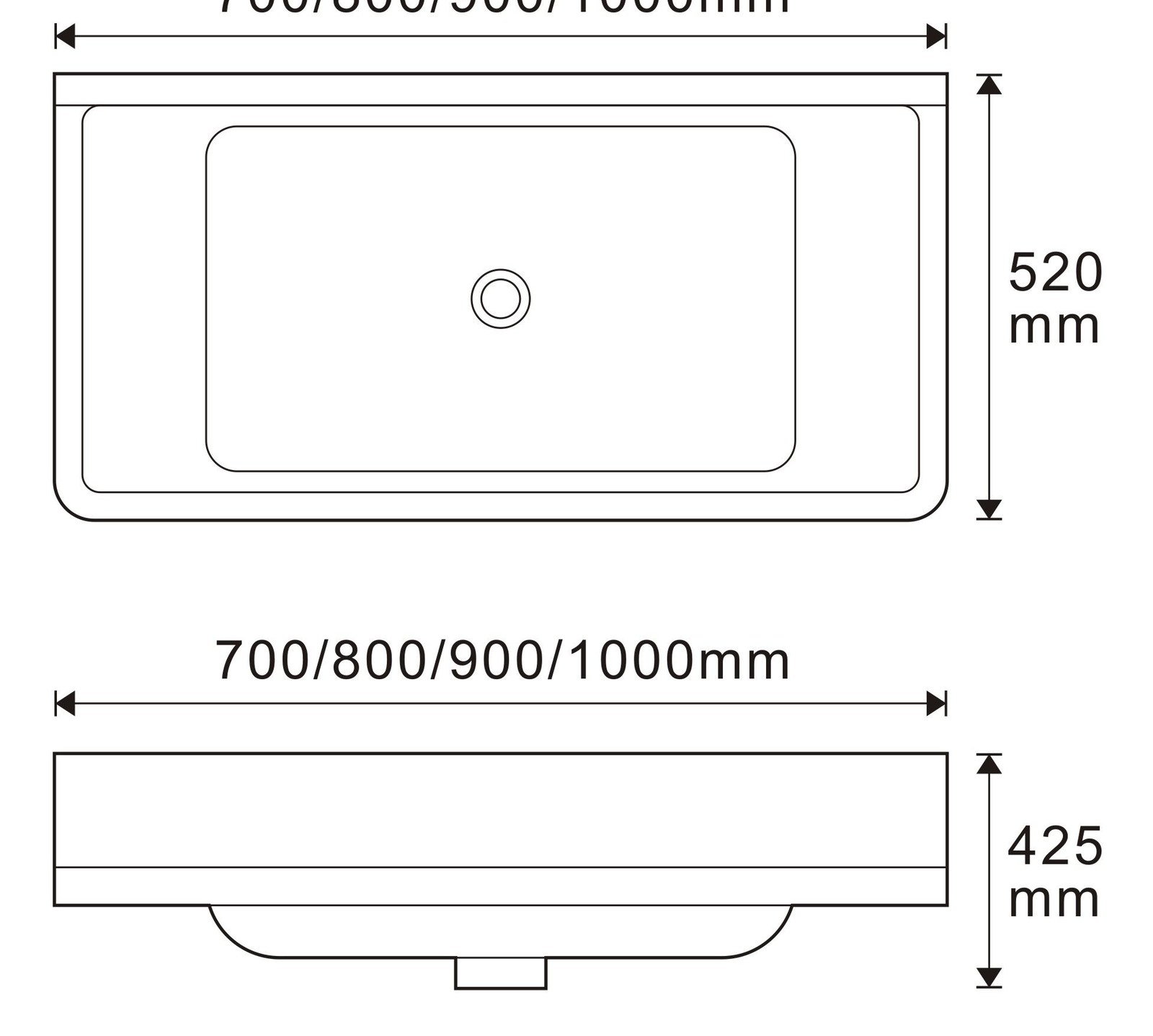 3267 White Rectangular Solid Surface Custom Basin technical drawing and dimensions