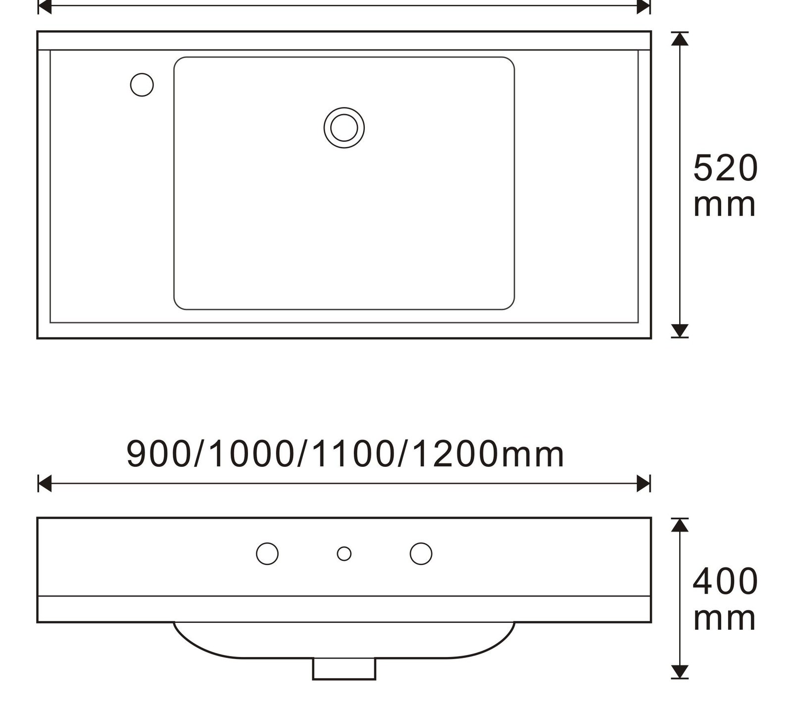 3279 White Rectangular Solid Surface Custom Basin technical drawing and dimensions