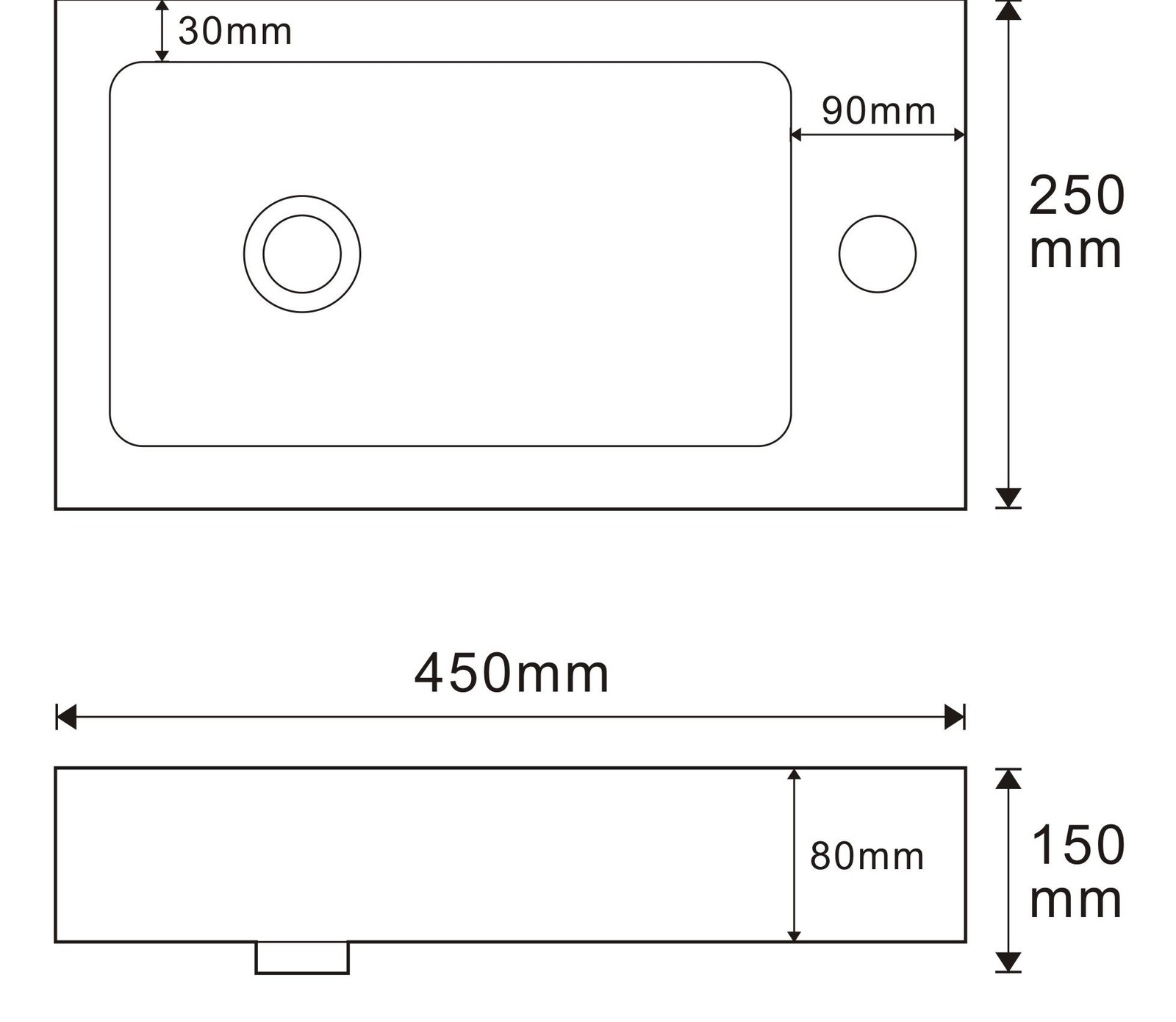 4525 White Rectangular Solid Surface Countertop Basin technical drawing and dimensions