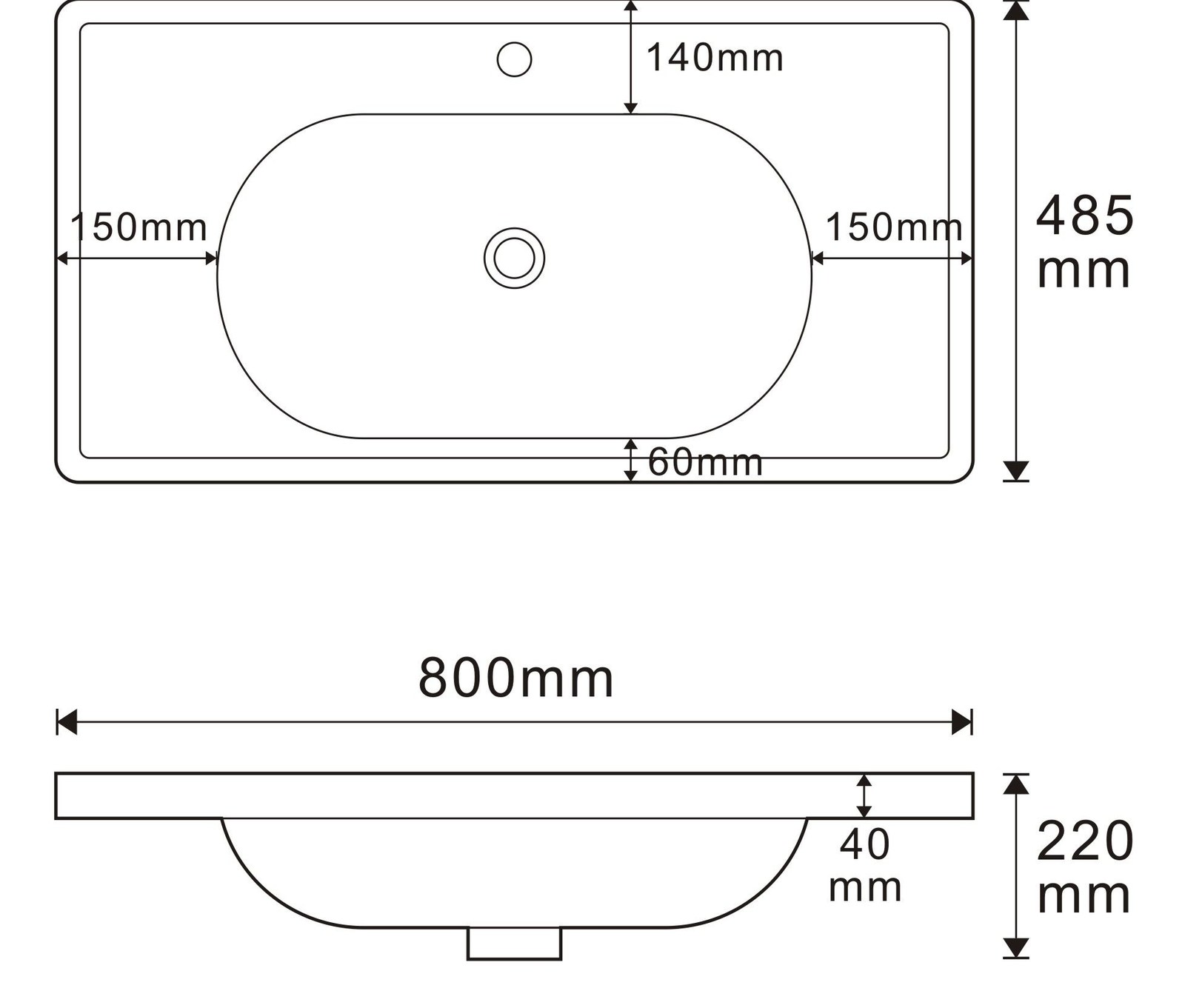 455 White Rectangular Solid Surface Custom Basin technical drawing and dimensions