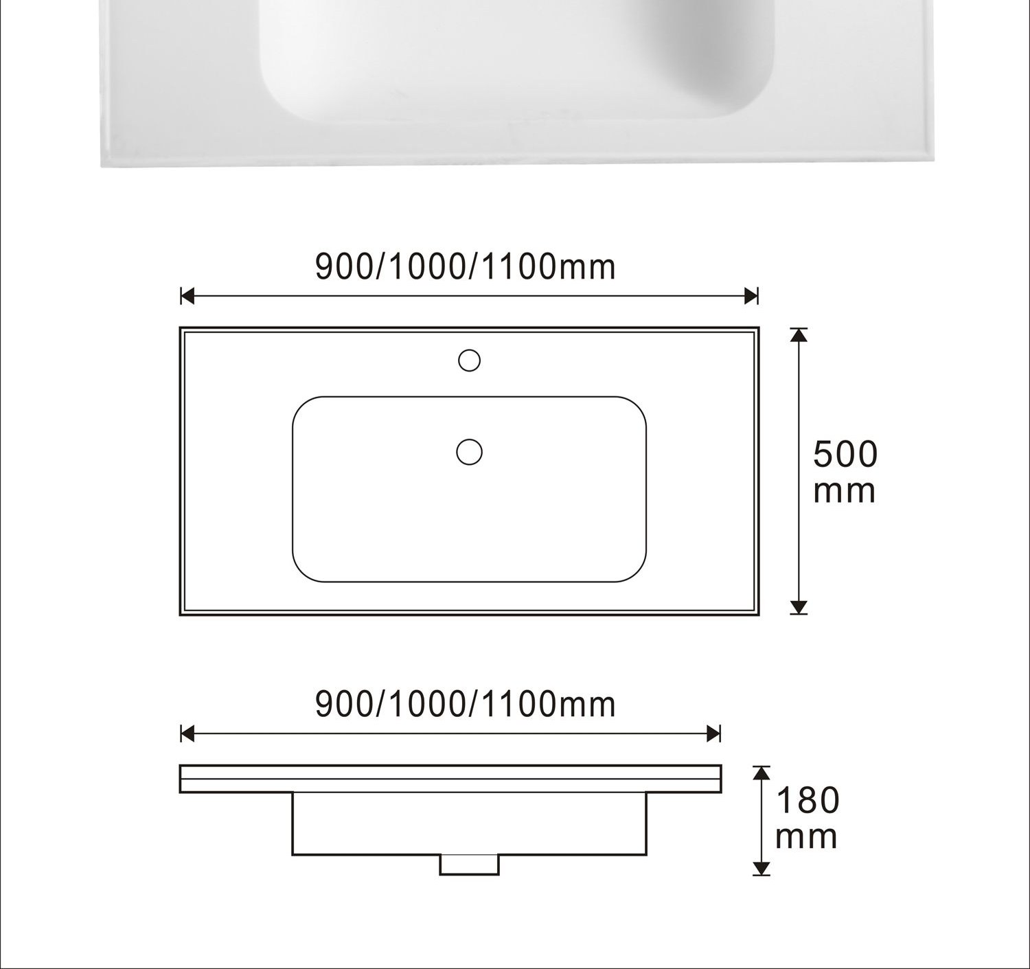5505 White Rectangular Solid Surface Integrated Vanity Basin technical drawing and dimensions