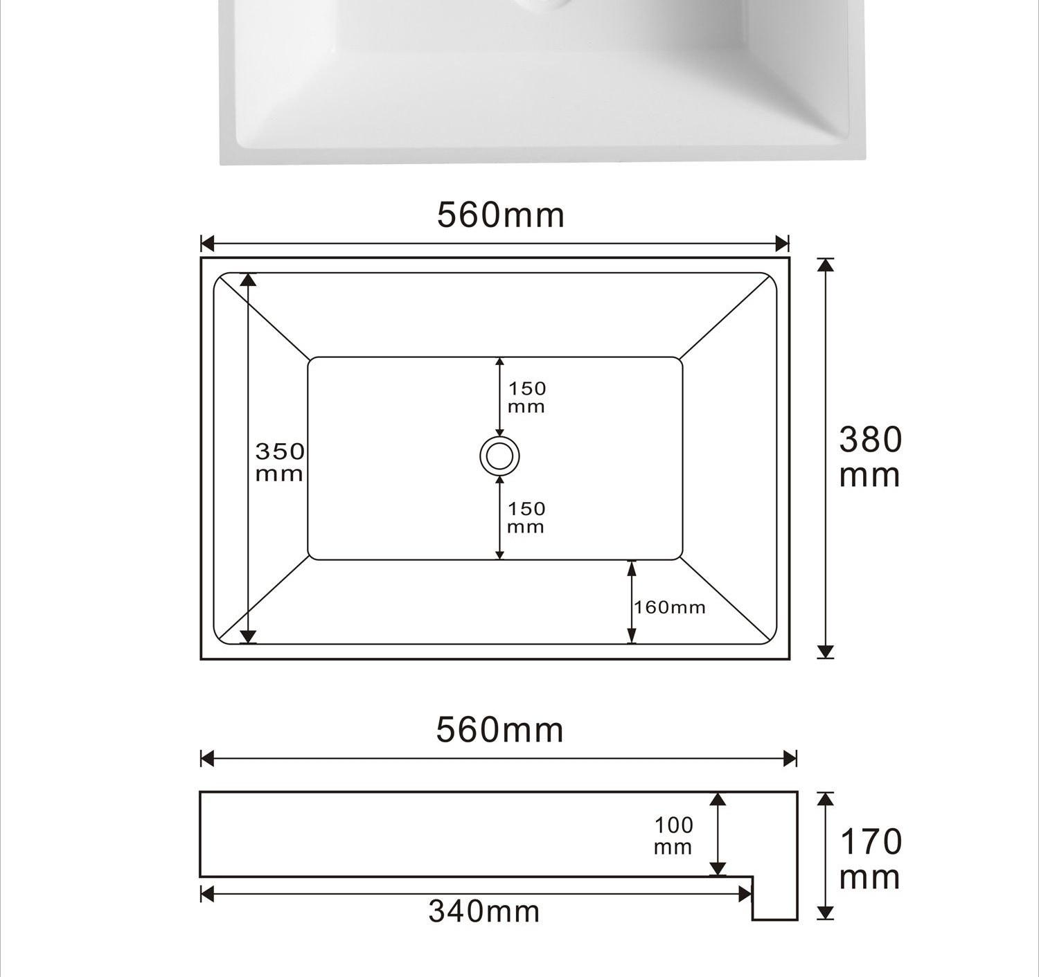 5506 White Rectangular Solid Surface Custom Basin technical drawing and dimensions