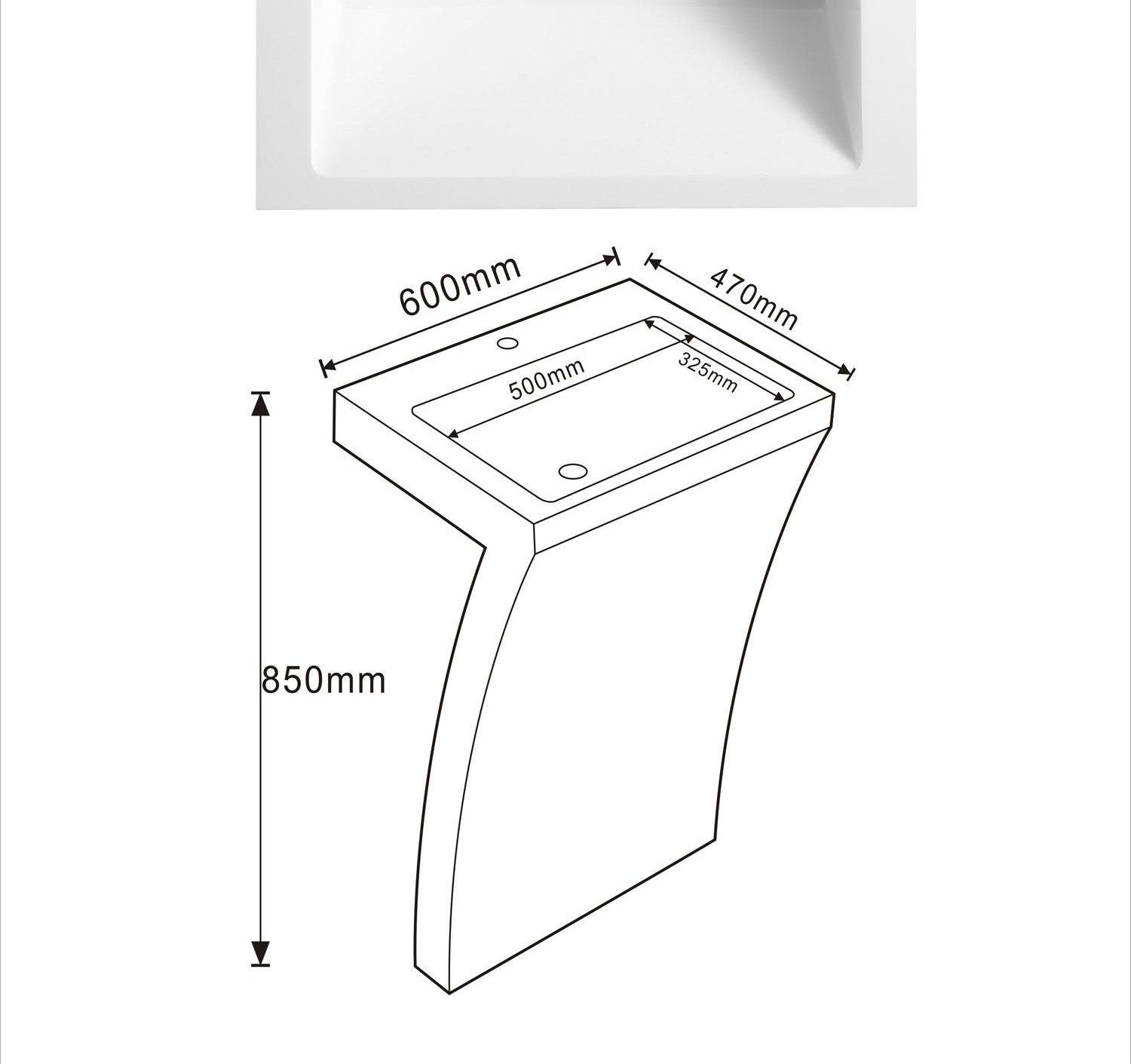 606 White Rectangular Solid Surface Integrated Vanity Basin technical drawing and dimensions