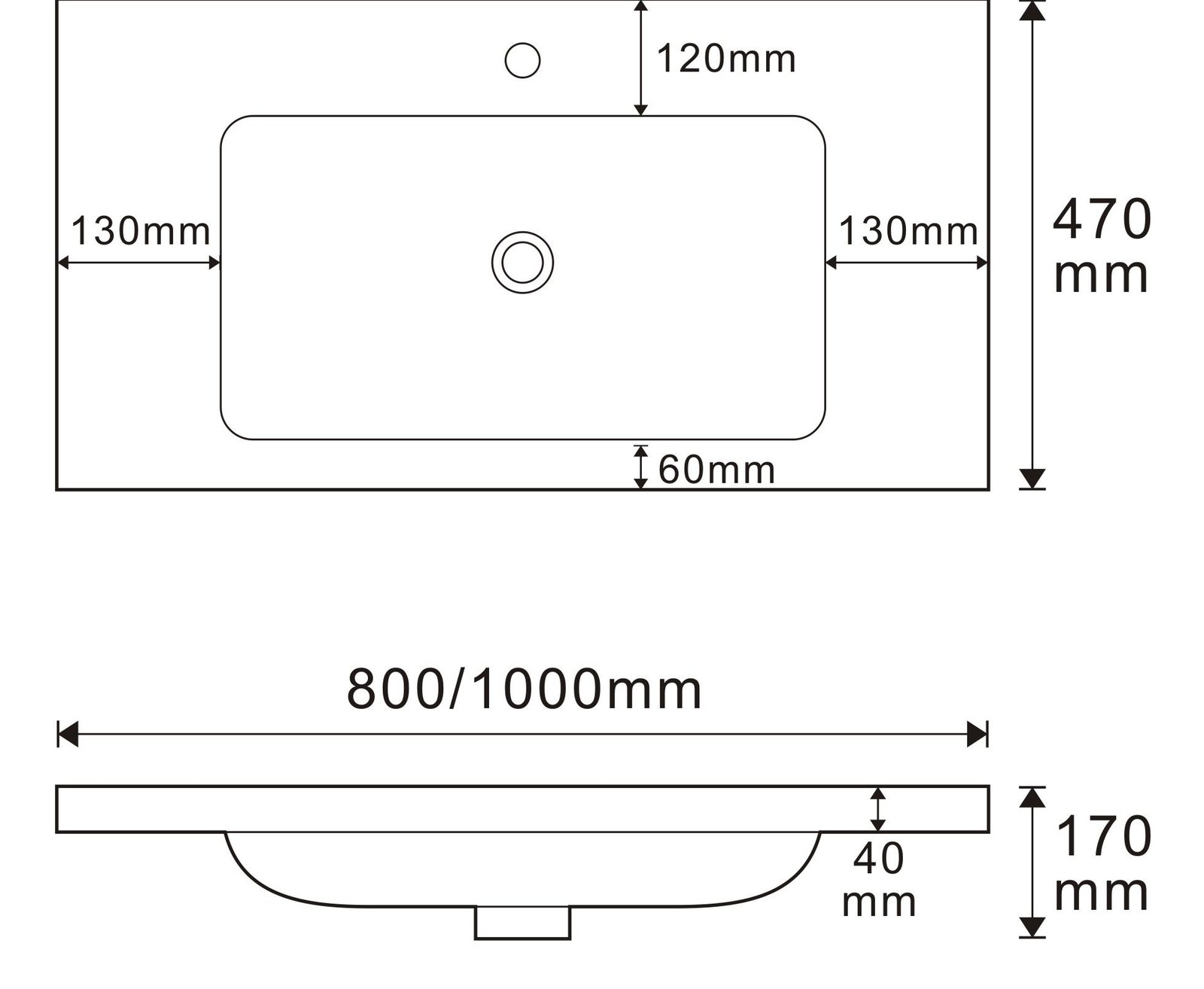 6100 / 6012 Custom Color Rectangular Solid Surface Integrated Vanity Basin technical drawing and dimensions