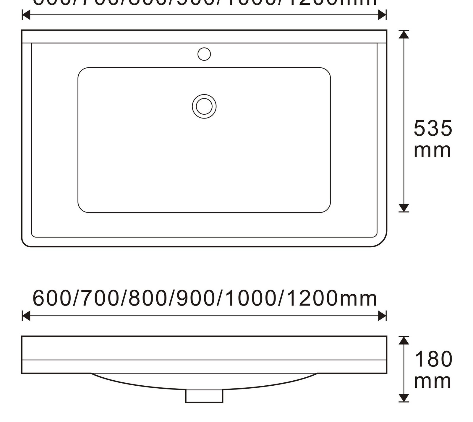 8810 White Rectangular Solid Surface Custom Basin technical drawing and dimensions