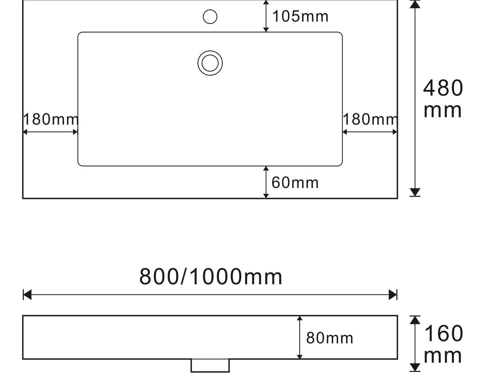 8817 White Rectangular Solid Surface Integrated Vanity Basin technical drawing and dimensions