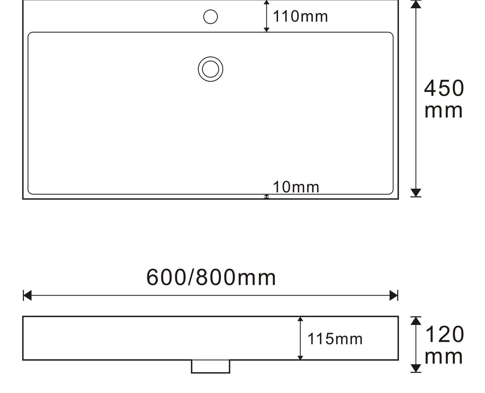 8830 White Rectangular Solid Surface Countertop Basin technical drawing and dimensions