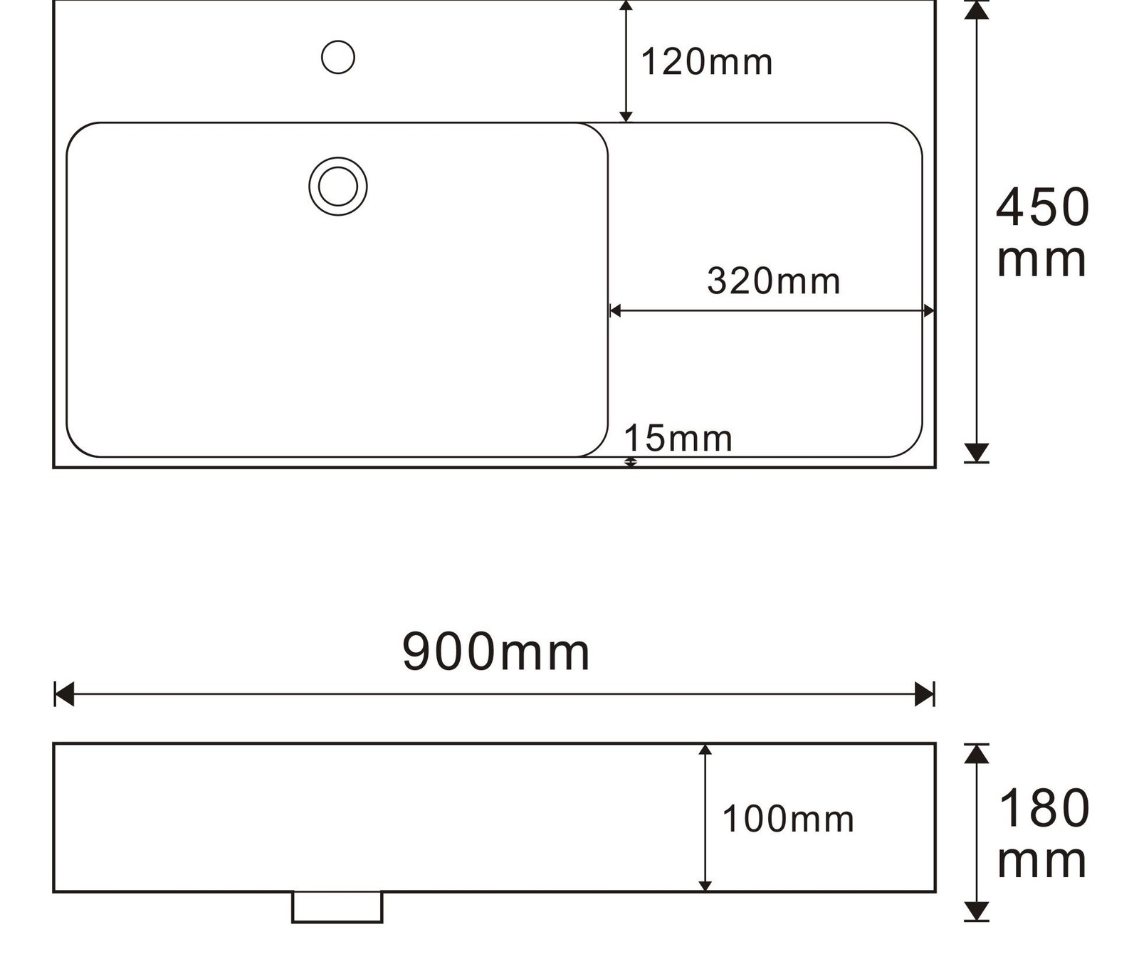 8840 White Rectangular Solid Surface Custom Basin technical drawing and dimensions