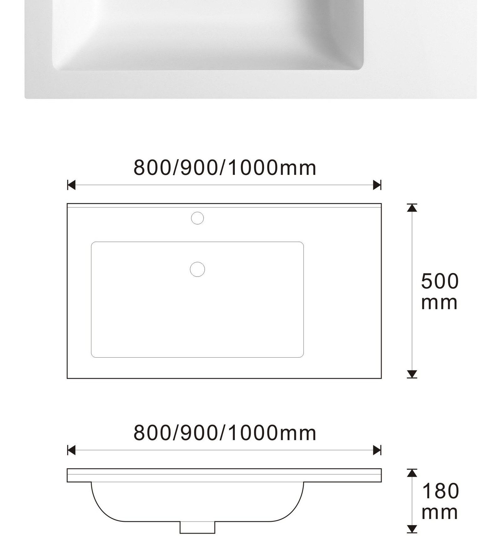 8850 White Long Rectangular Solid Surface Integrated Vanity Basin technical drawing and dimensions