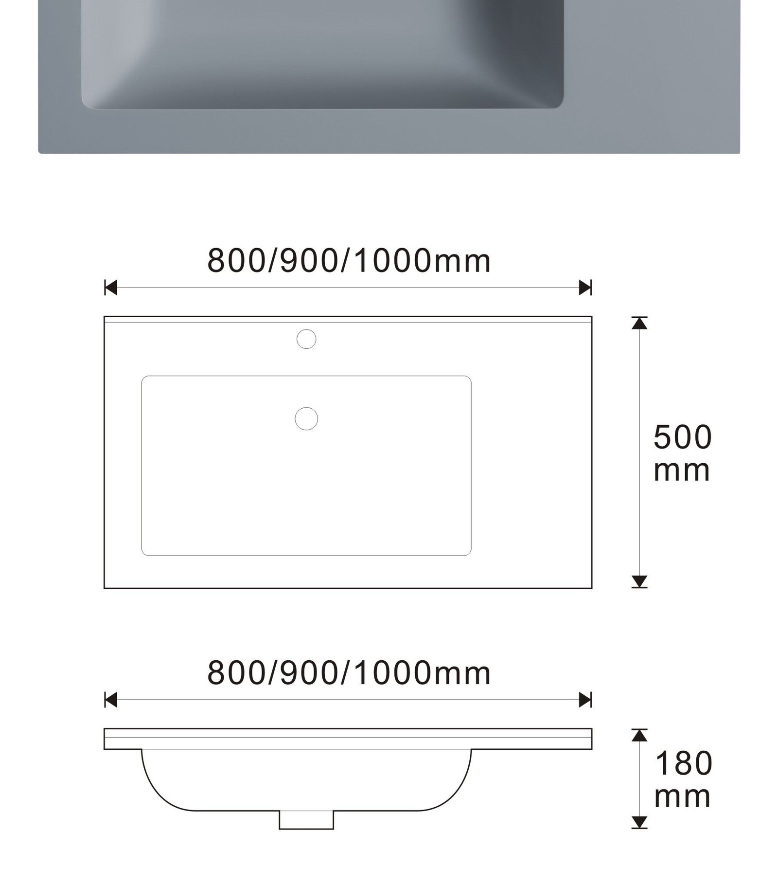 8850 Grey Compact Rectangular Solid Surface Integrated Vanity Basin technical drawing and dimensions