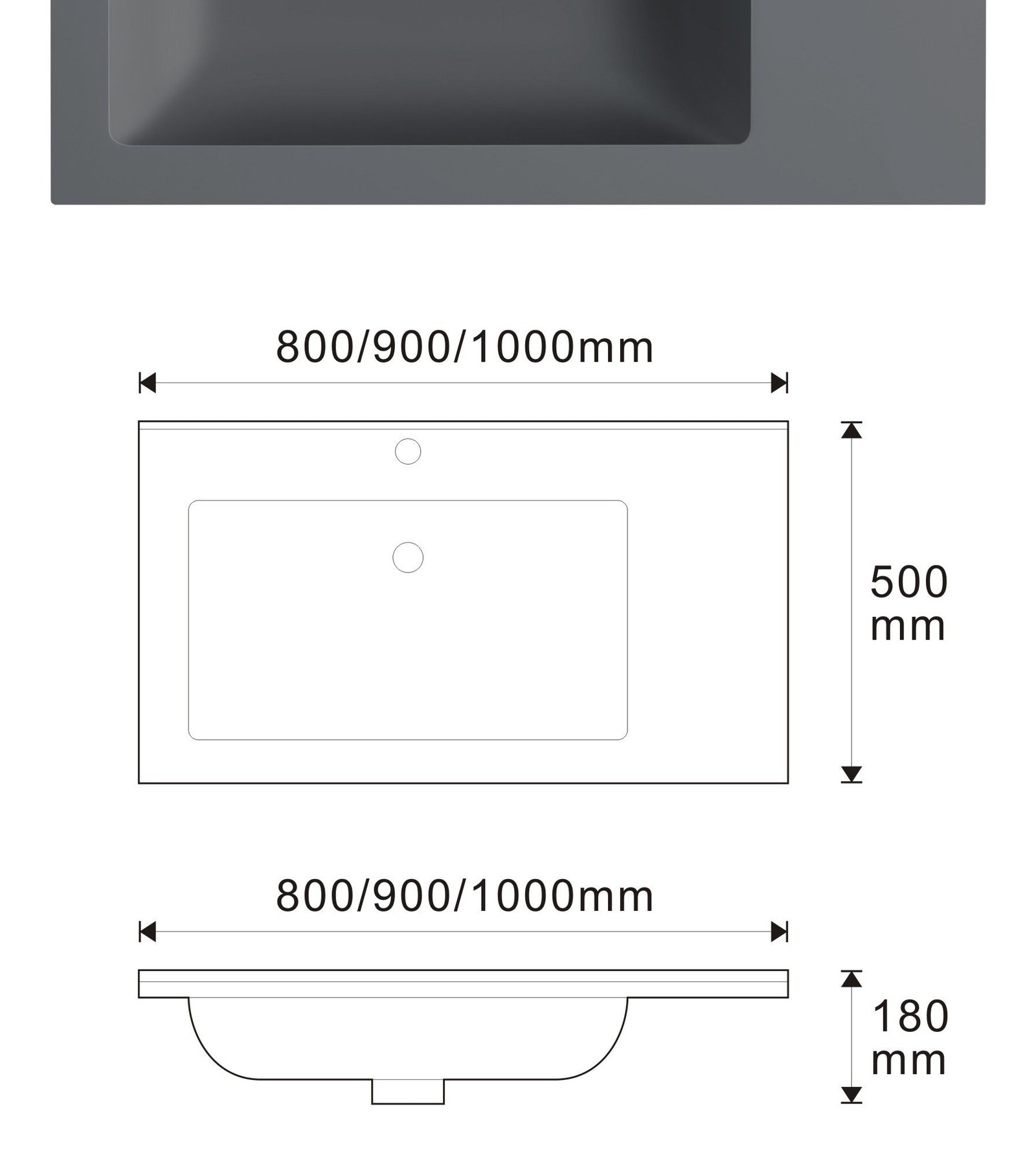 8850 Grey Asymmetric Solid Surface Integrated Vanity Basin technical drawing and dimensions