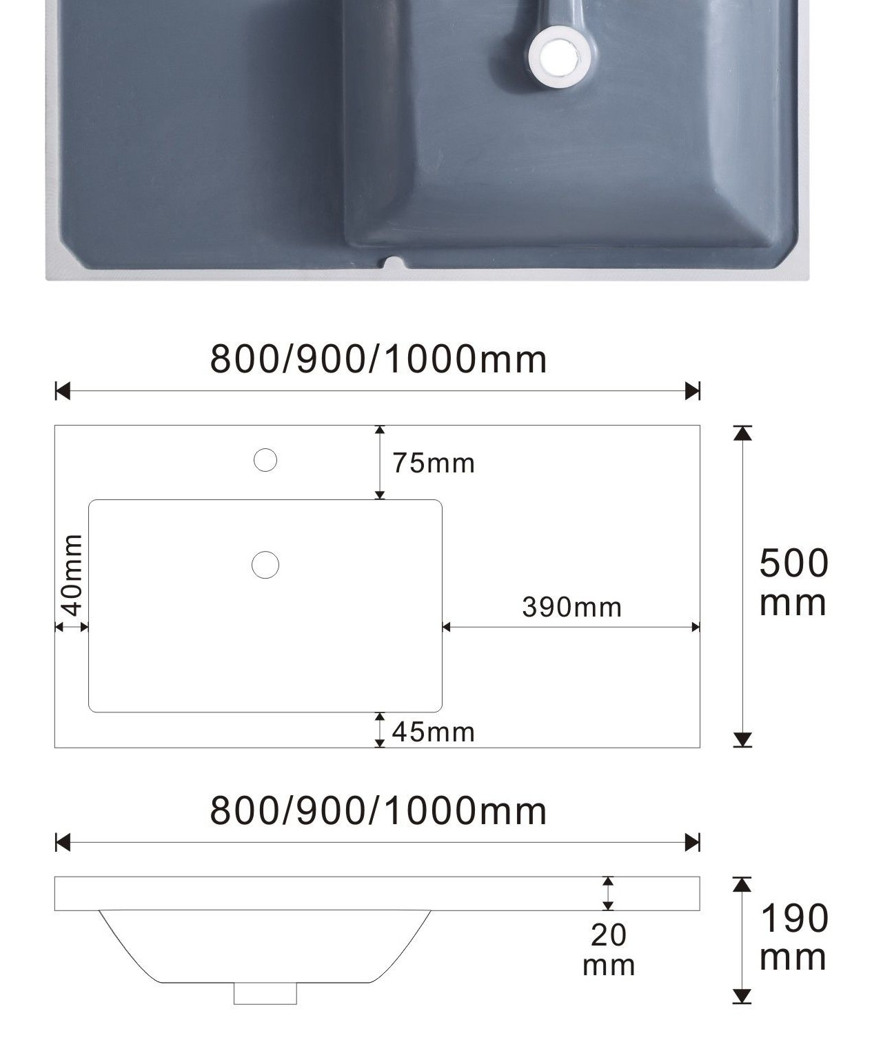 8850 Grey Rectangular Solid Surface Integrated Vanity Basin technical drawing and dimensions