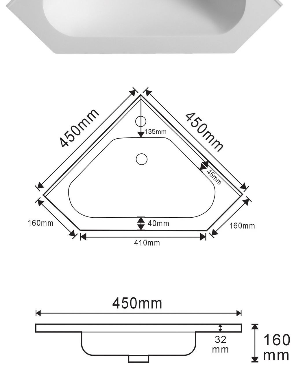 CR45 White Round Solid Surface Countertop Basin technical drawing and dimensions