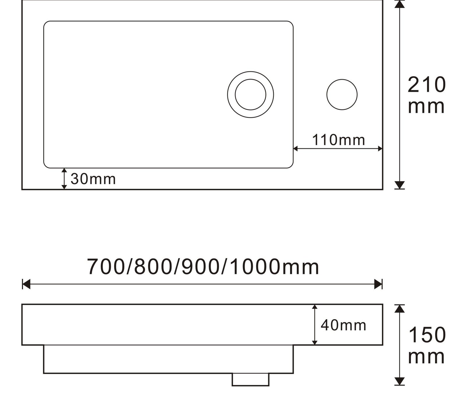 R1988RL White Rectangular Solid Surface Custom Basin technical drawing and dimensions