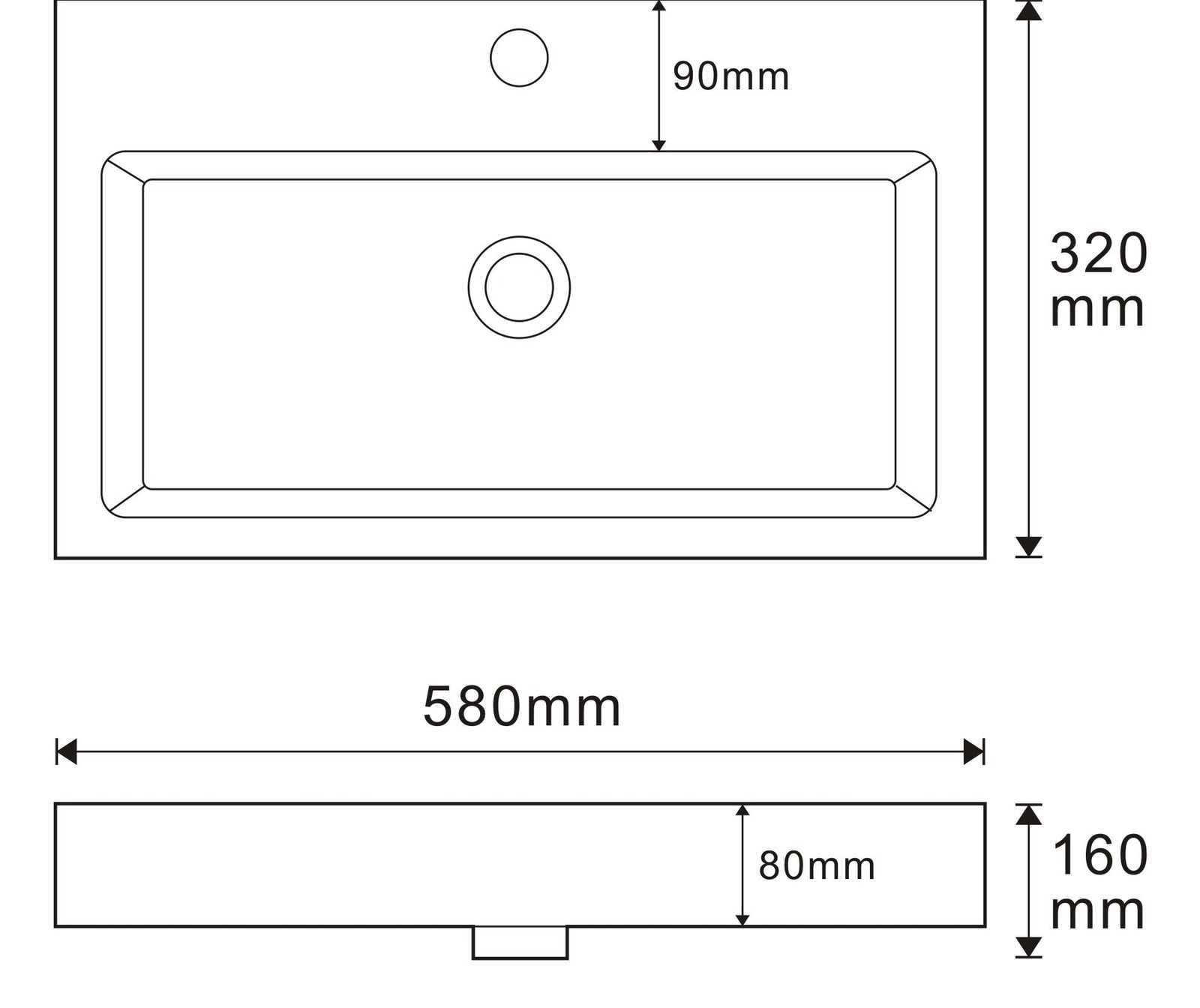 R548V White Rectangular Solid Surface Countertop Basin technical drawing and dimensions